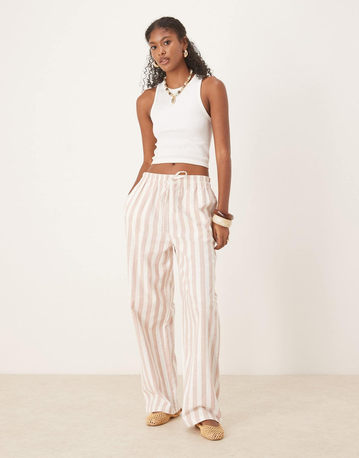 ASOS DESIGN linen look pull on tapered trousers in mink stripe - ASOS Sample Sale