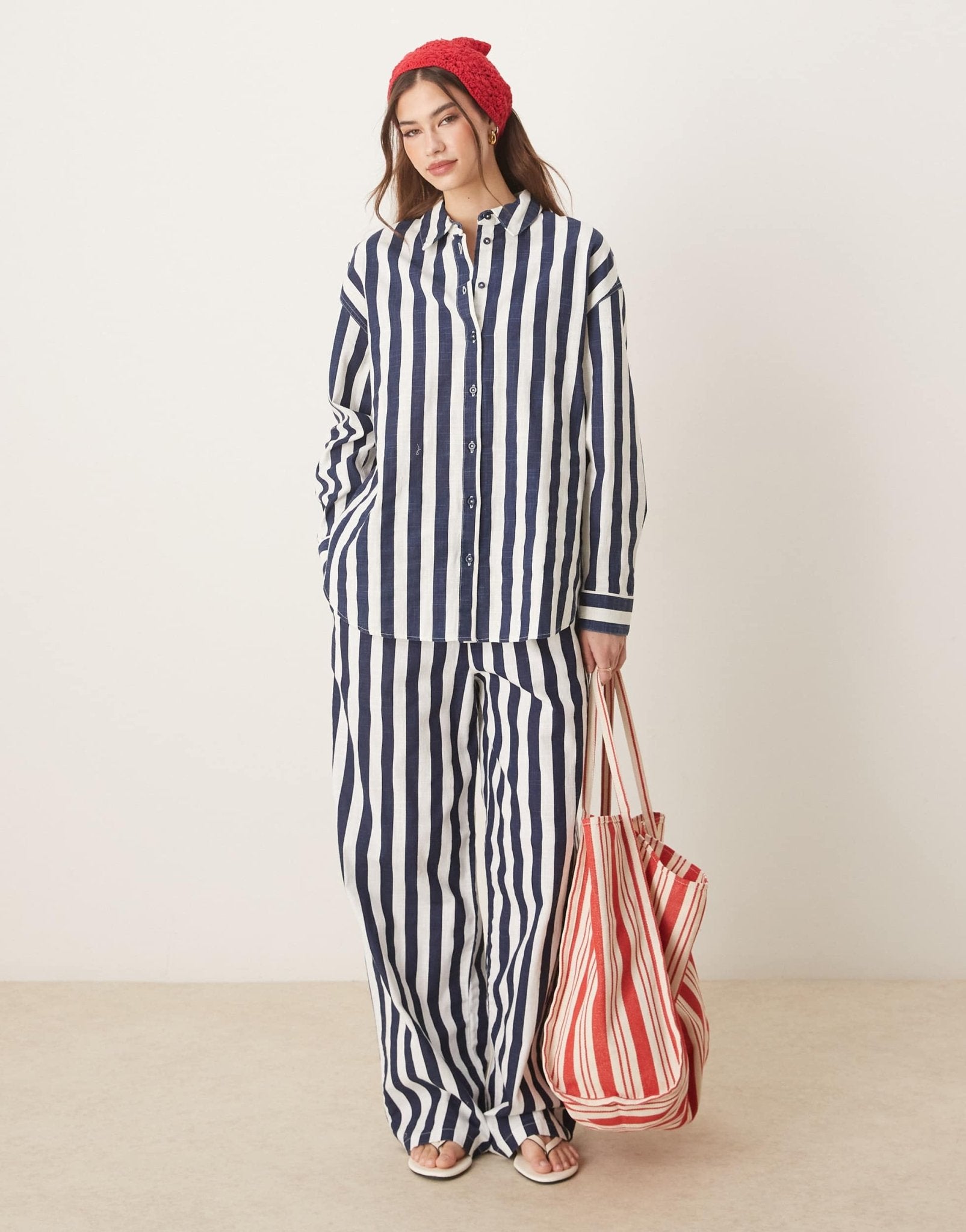 ASOS DESIGN linen look pull on trouser co - ord in navy stripe - ASOS Sample Sale
