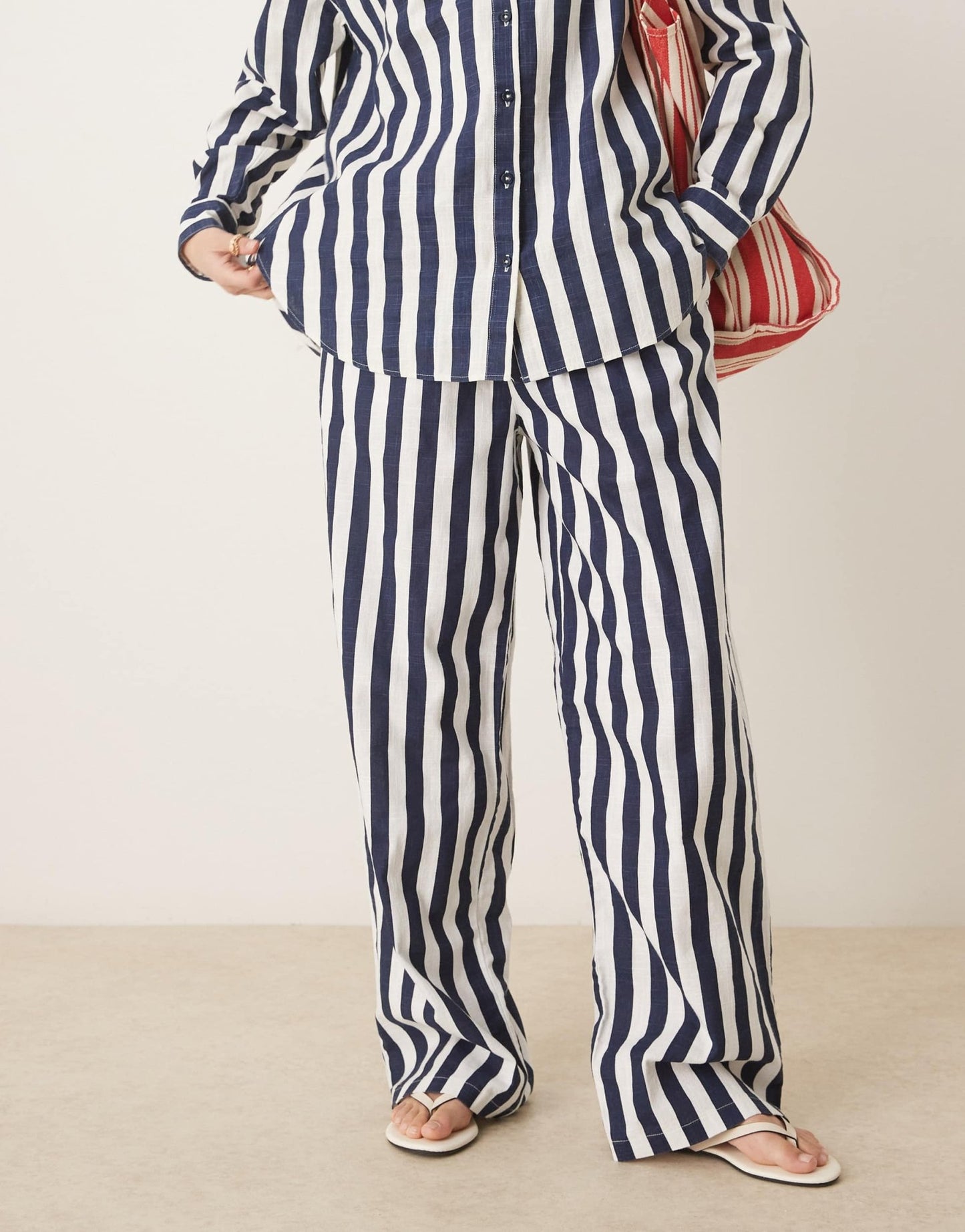 ASOS DESIGN linen look pull on trouser co - ord in navy stripe - ASOS Sample Sale