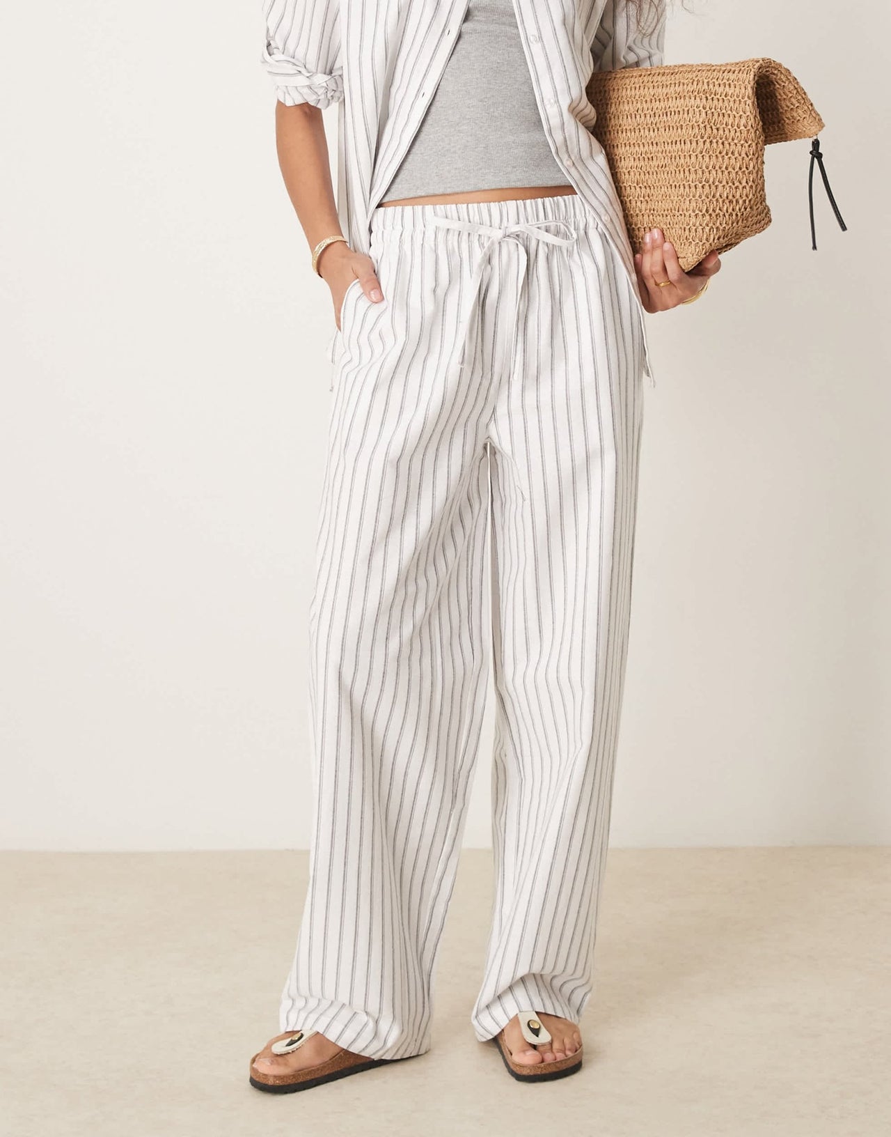 ASOS DESIGN linen look pull on trousers co-ord in black stripe - ASOS Sample Sale