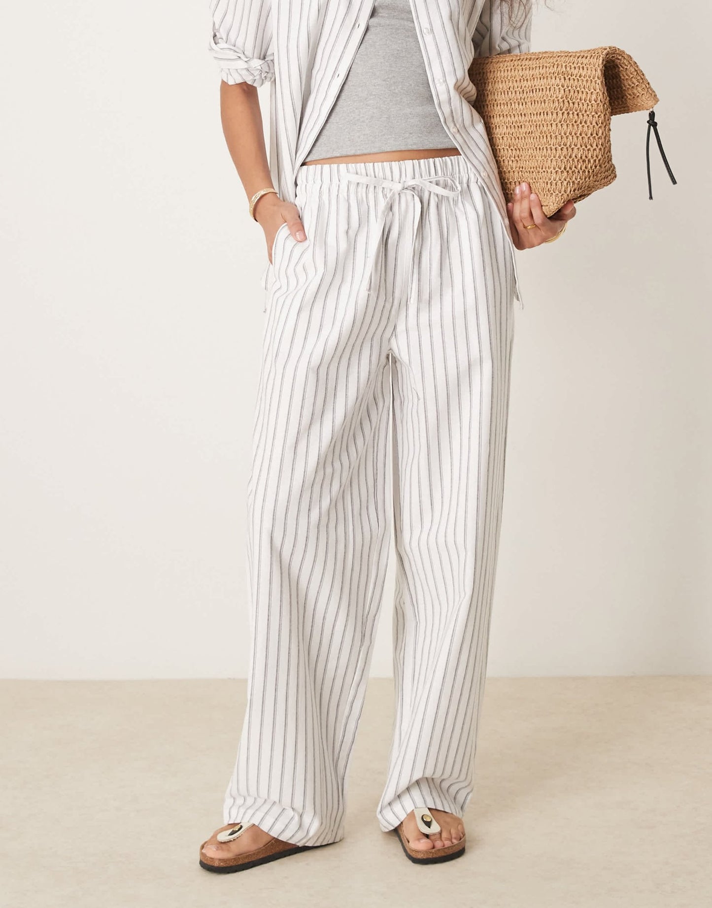 ASOS DESIGN linen look pull on trousers co-ord in black stripe - ASOS Sample Sale
