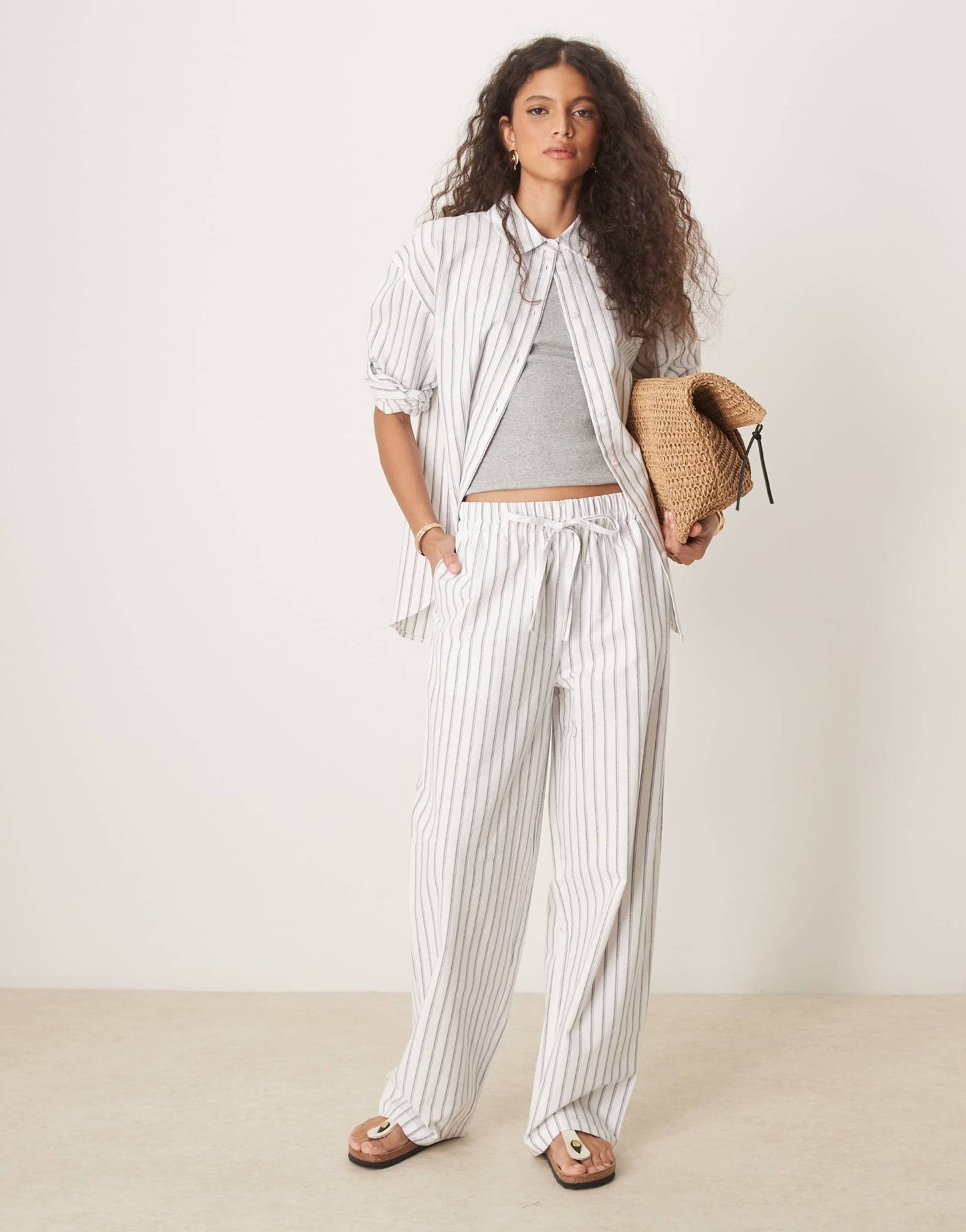 ASOS DESIGN linen look pull on trousers co-ord in black stripe - ASOS Sample Sale
