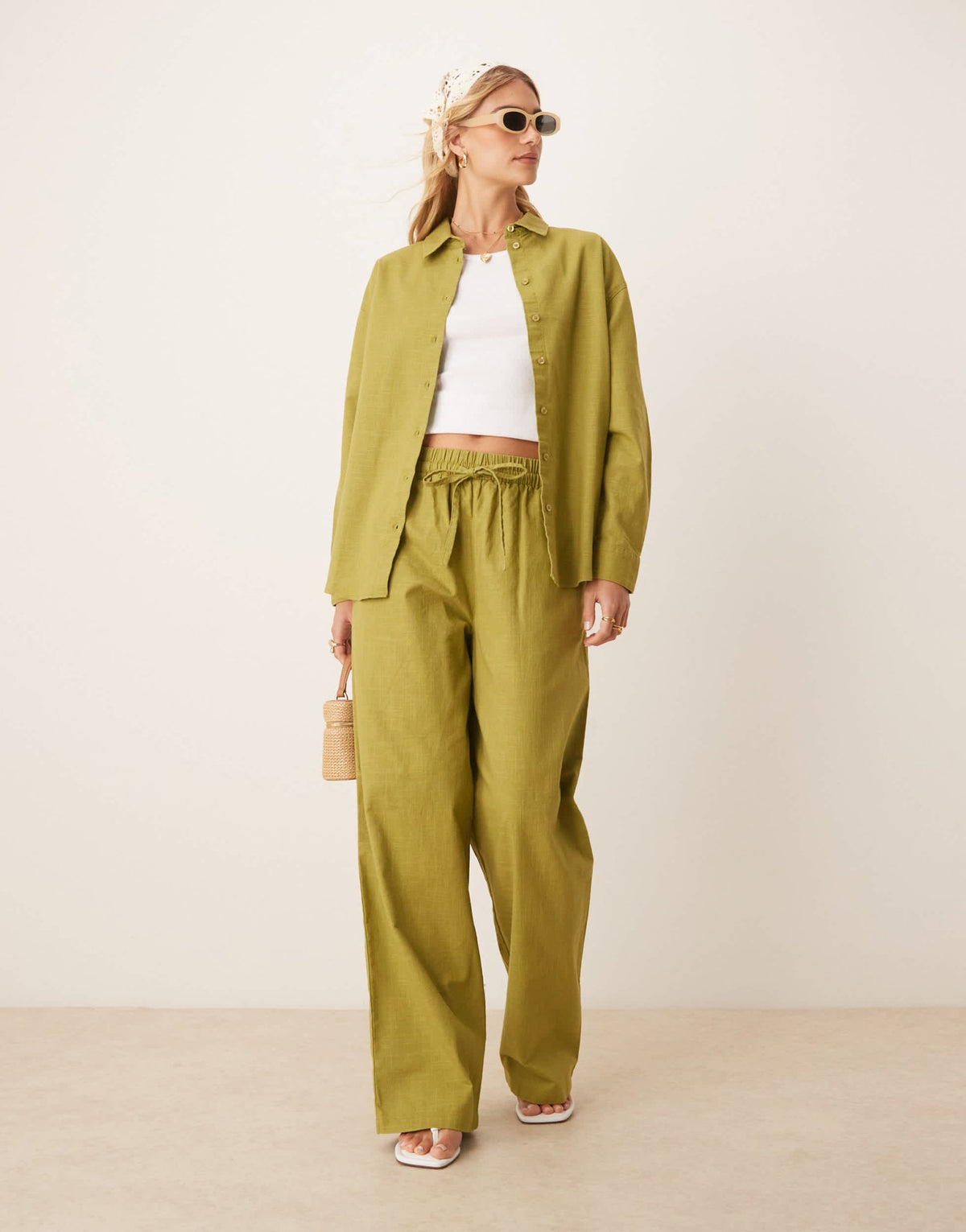 ASOS DESIGN linen look pull on trousers co-ord in olive - ASOS Sample Sale