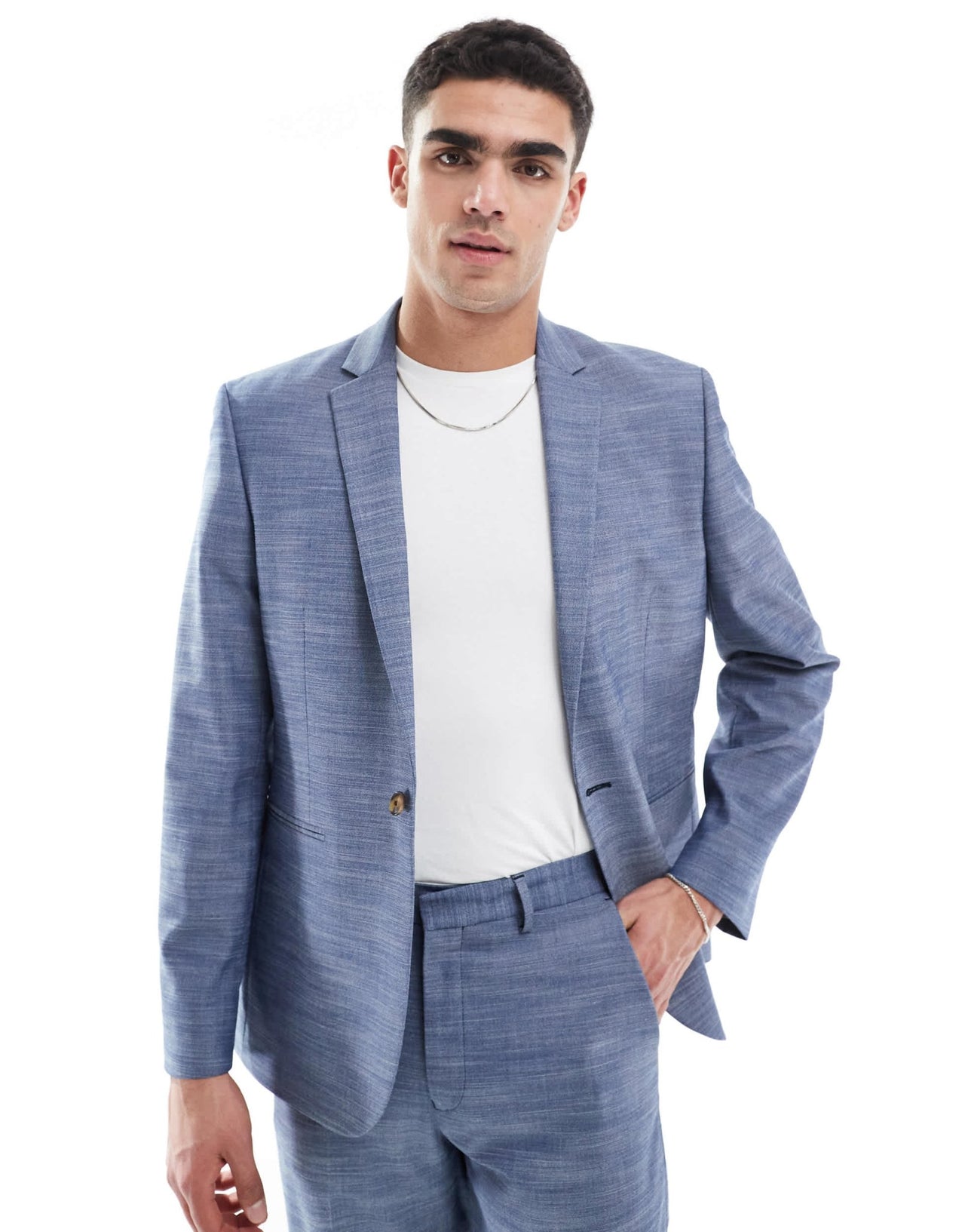 ASOS DESIGN linen look slim suit jacket in blue - ASOS Sample Sale
