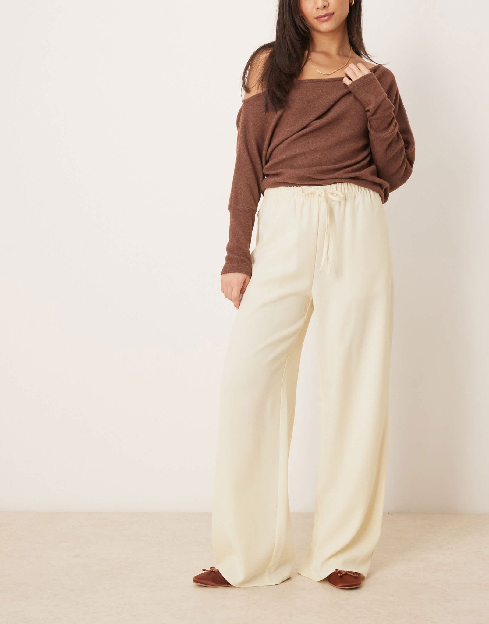 ASOS DESIGN linen look tailored tie waist pull on trousers in buttermilk - ASOS Sample Sale