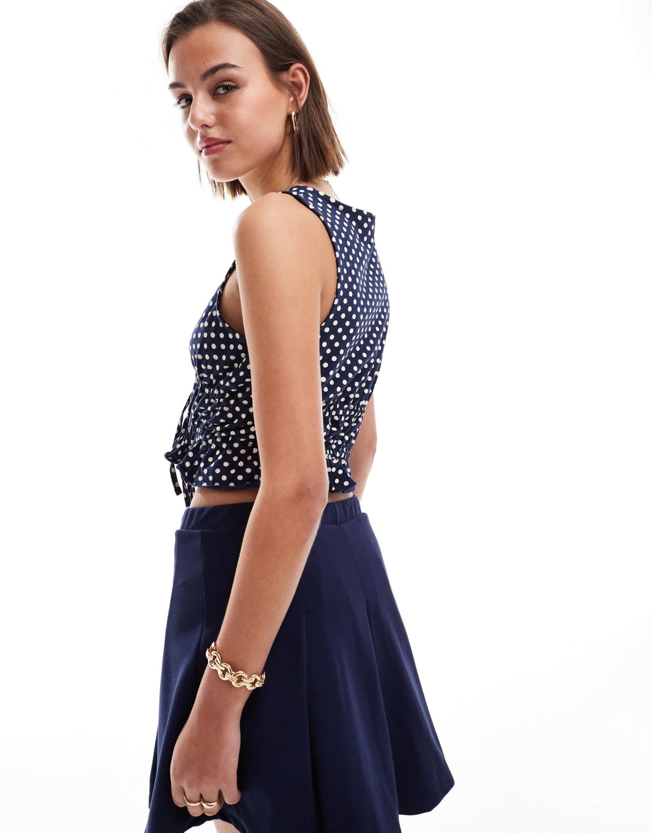 ASOS DESIGN linen look tie front sun top in polka print - ASOS Sample Sale
