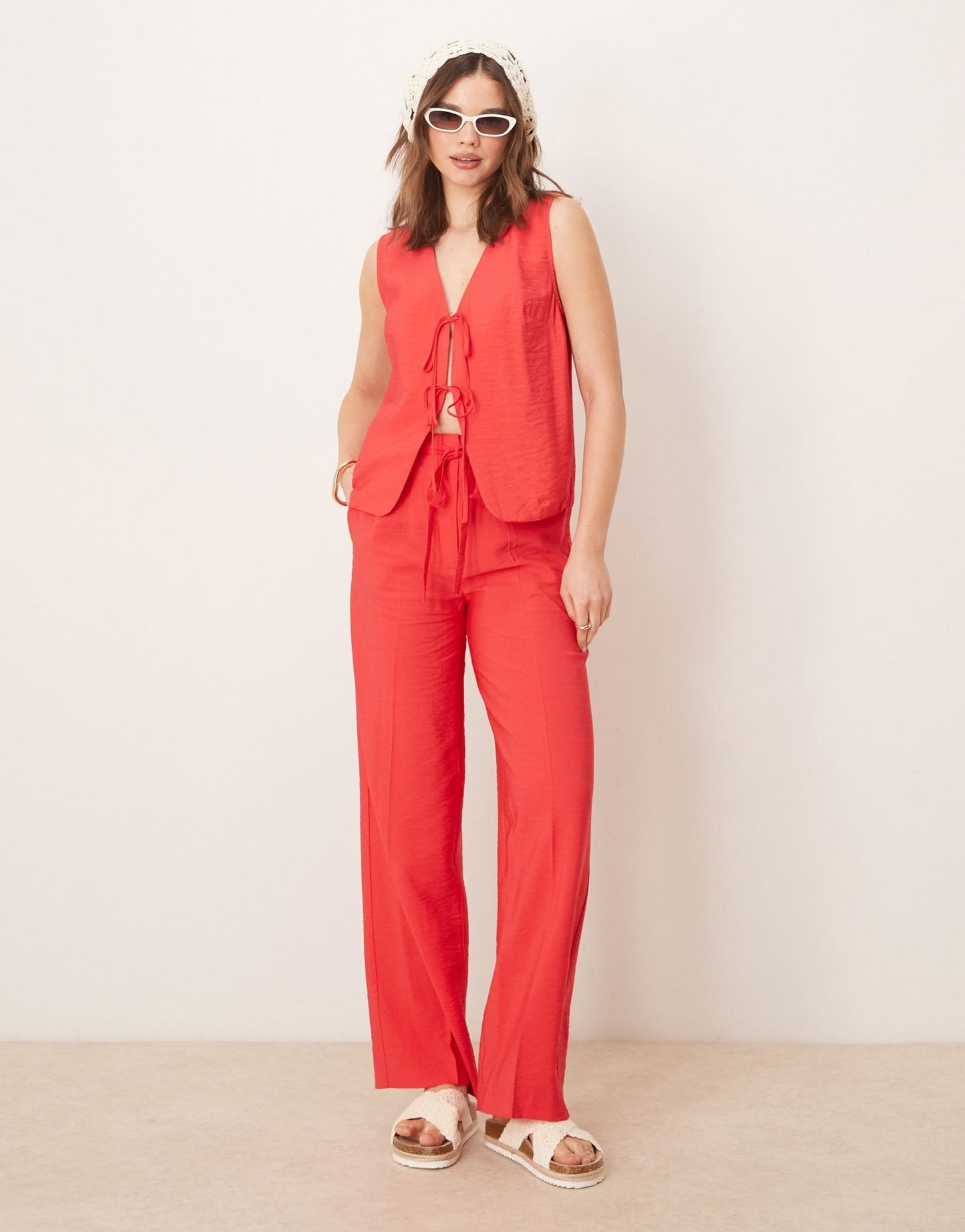 ASOS DESIGN linen look tie front top co-ord in red - ASOS Sample Sale