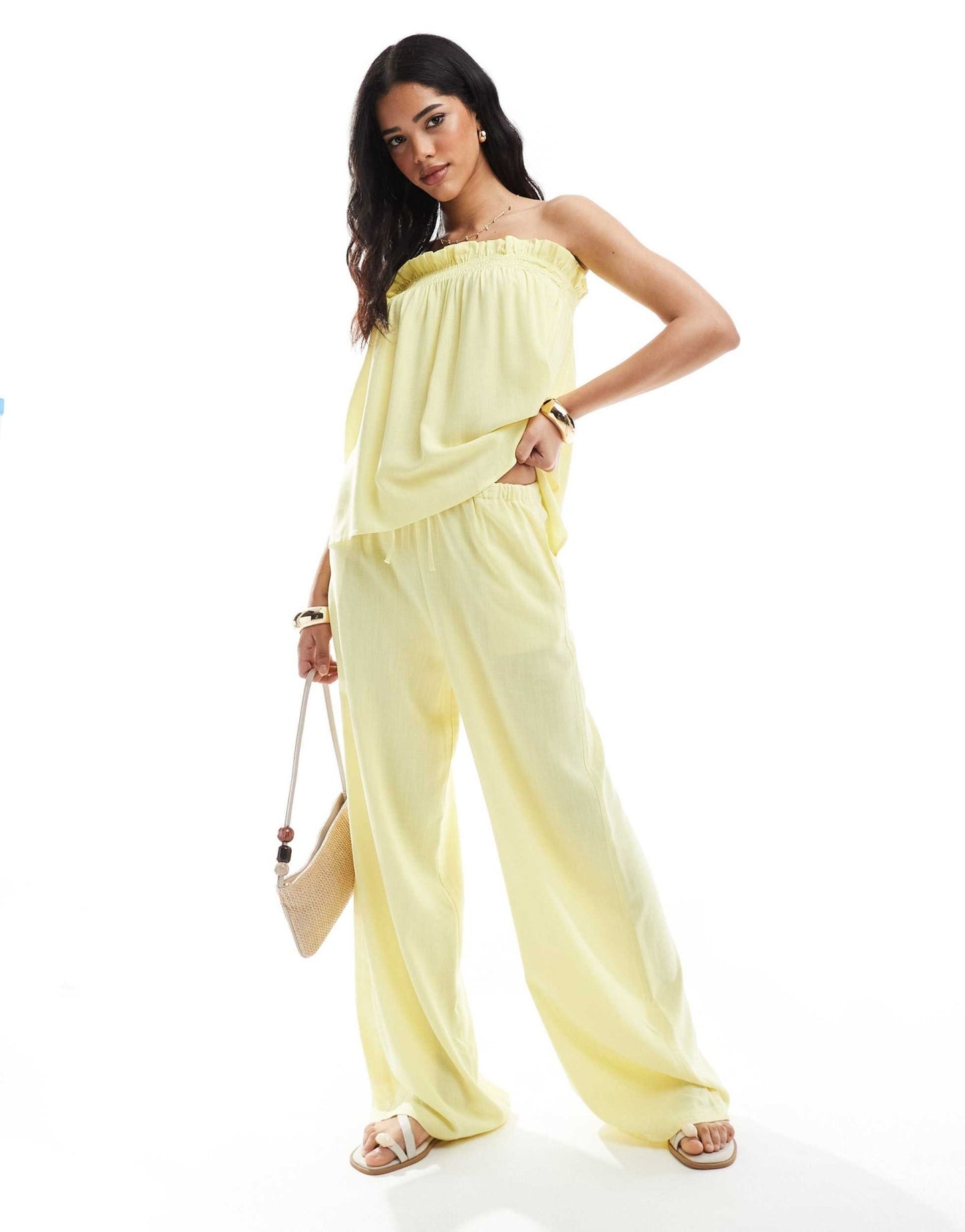 ASOS DESIGN linen look wide leg co-ord trouser in buttermilk - ASOS Sample Sale