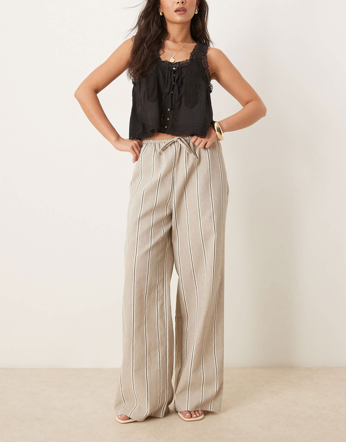 ASOS DESIGN linen look wide leg pull on trousers in taupe stripe - ASOS Sample Sale