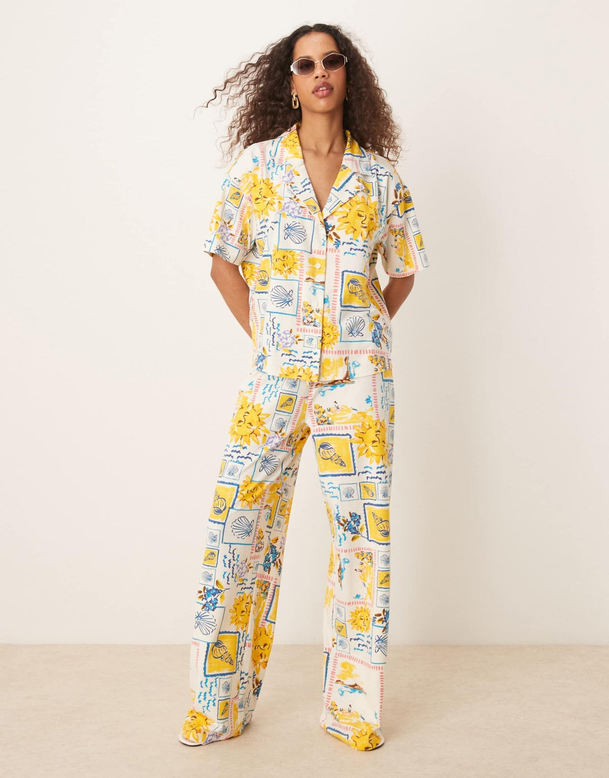 ASOS DESIGN linen look wide leg trouser co-ord in postcard print - ASOS Sample Sale