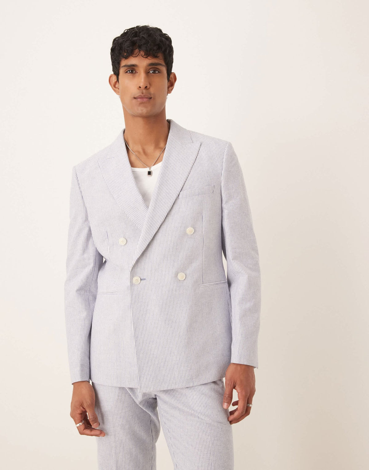 ASOS DESIGN linen mix slim suit jacket in blue pinstripe - ASOS Sample Sale