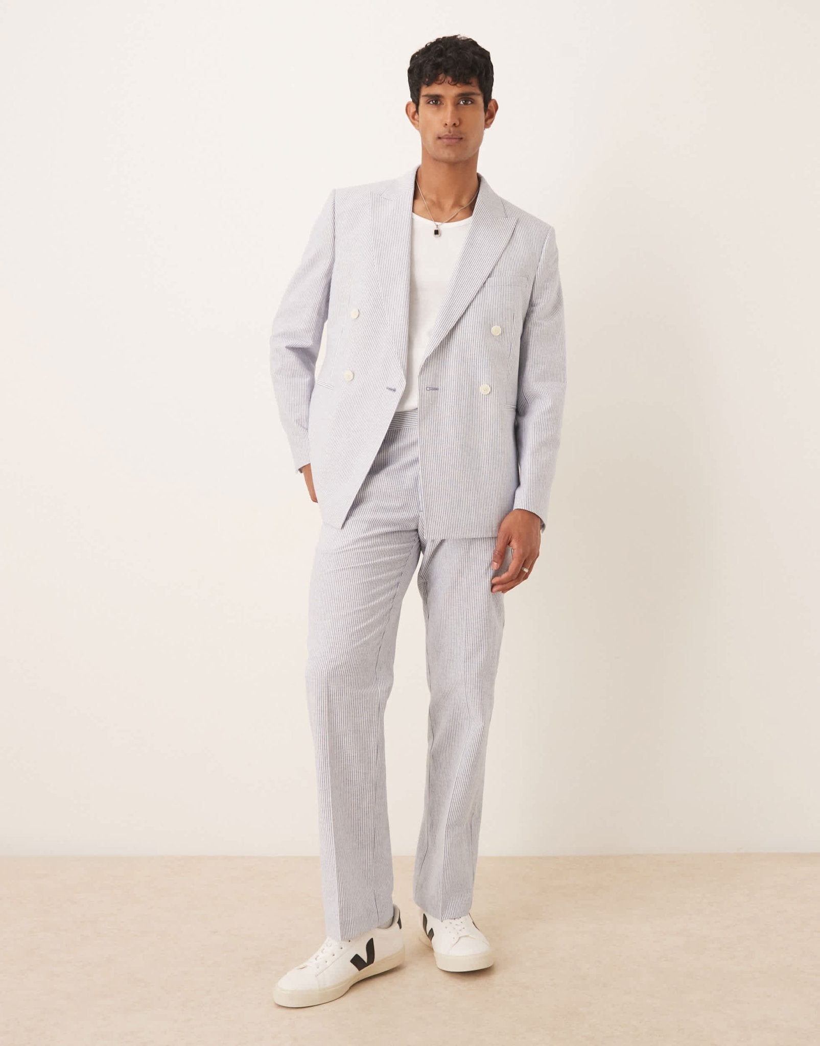 ASOS DESIGN linen mix straight leg suit trousers in blue pinstripe - ASOS Sample Sale
