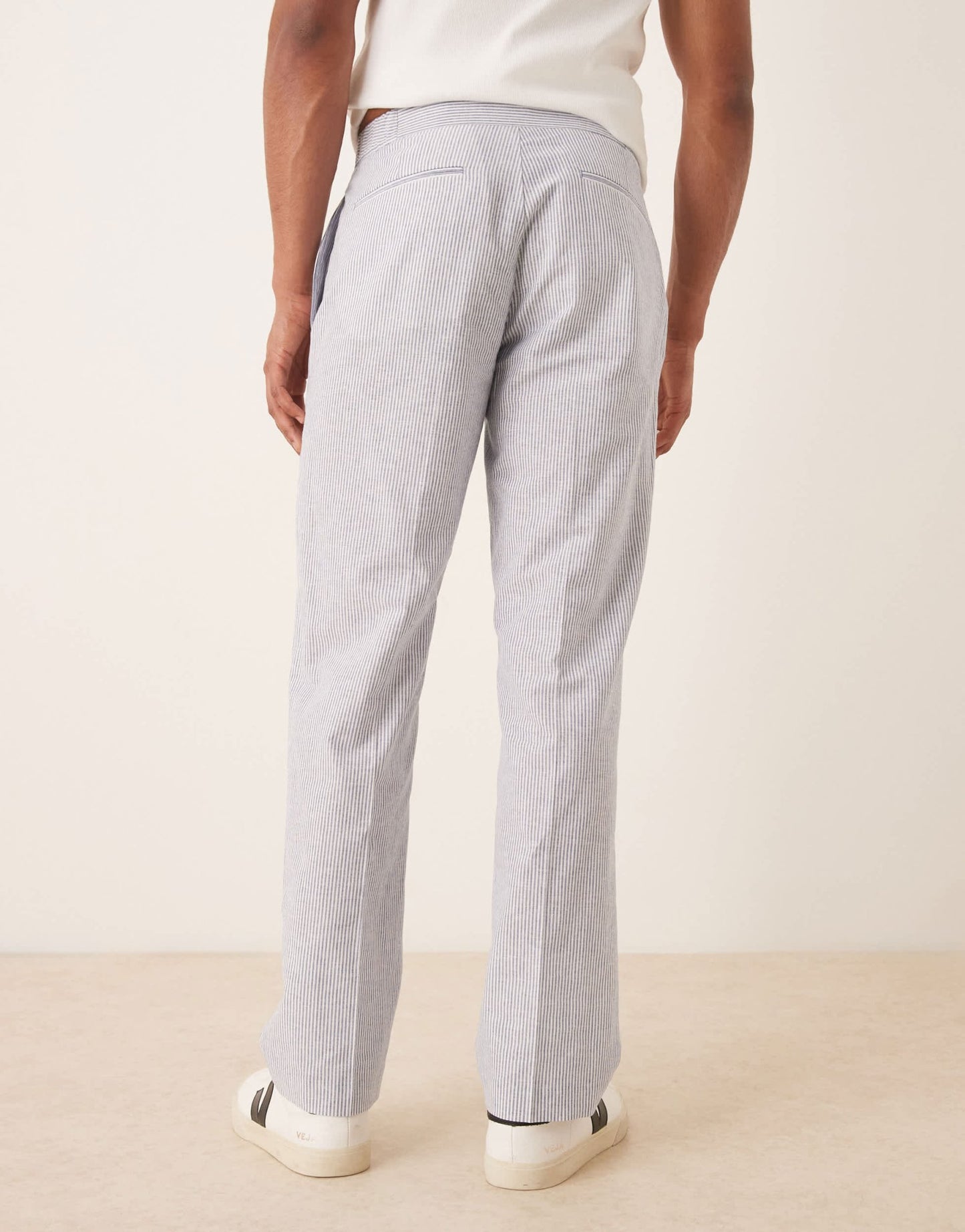 ASOS DESIGN linen mix straight leg suit trousers in blue pinstripe - ASOS Sample Sale