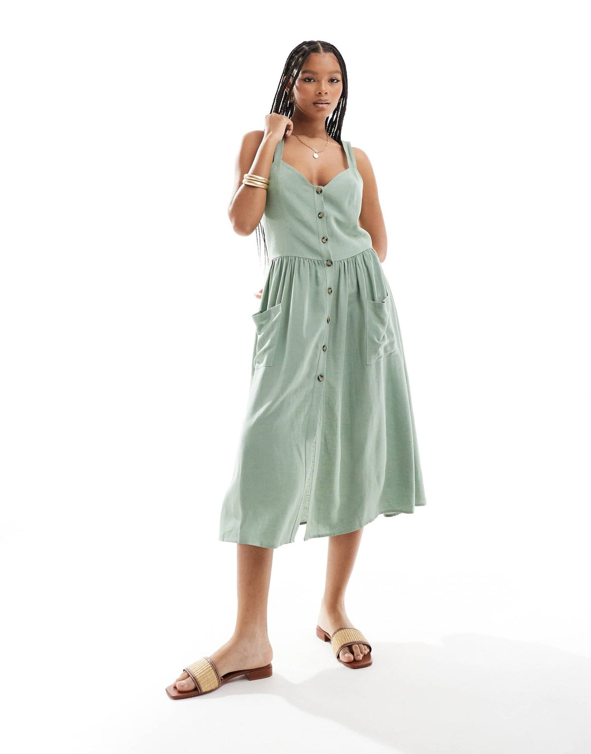 ASOS DESIGN linen natural button through midi dress with pockets in khaki - ASOS Sample Sale