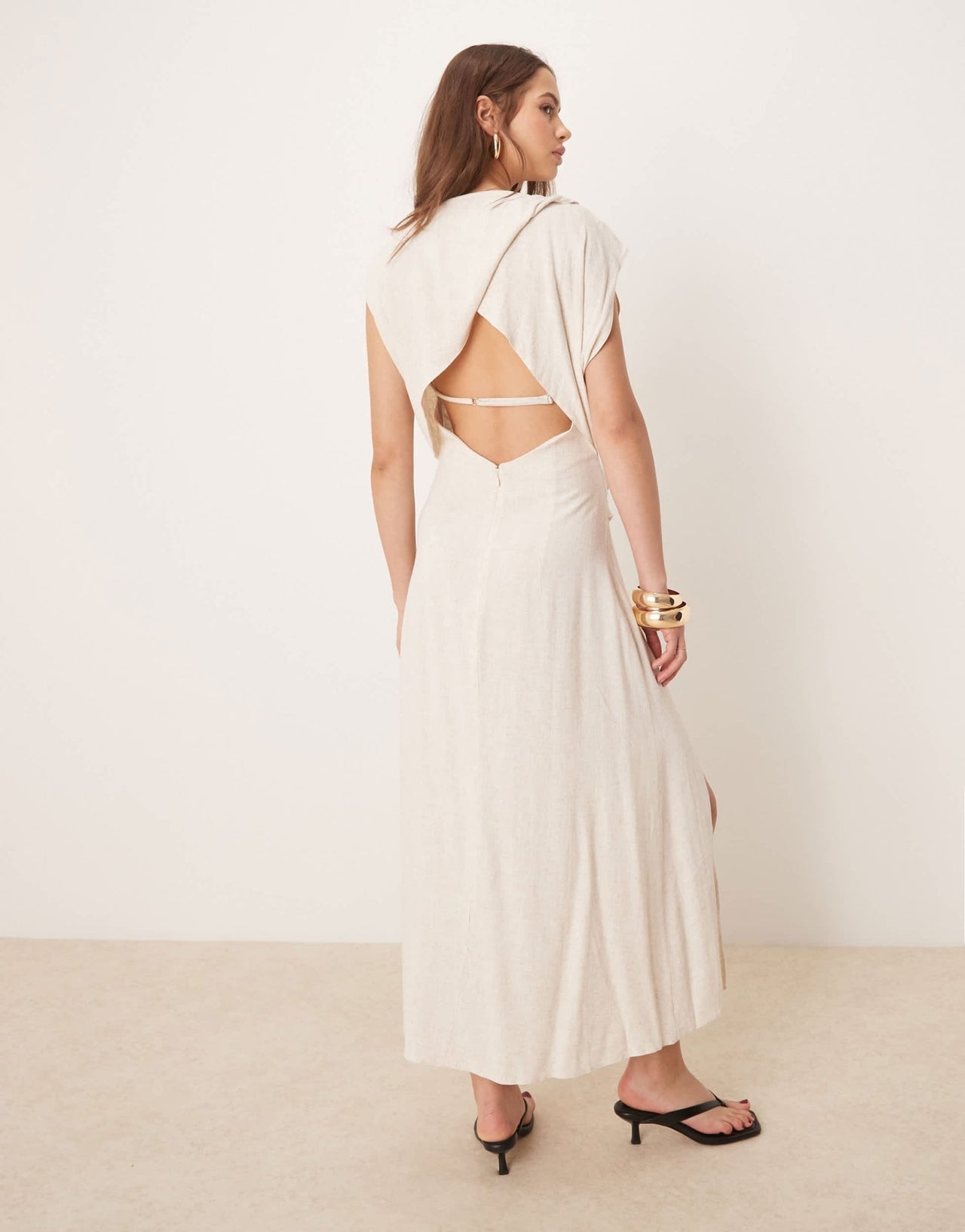 ASOS DESIGN linen open back draped waist midi dress in oat - ASOS Sample Sale