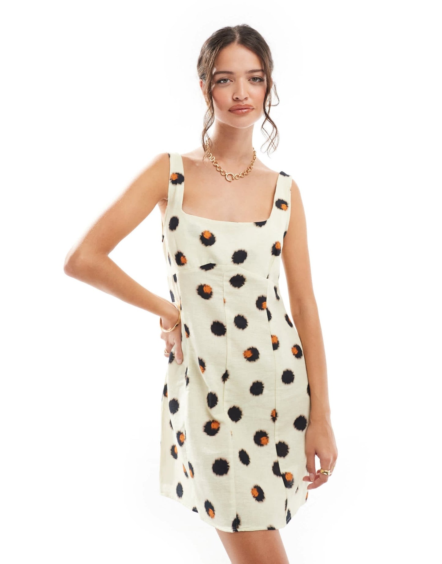 ASOS DESIGN linen scoop neck mini dress with bust seam detail in smudge spot print - ASOS Sample Sale