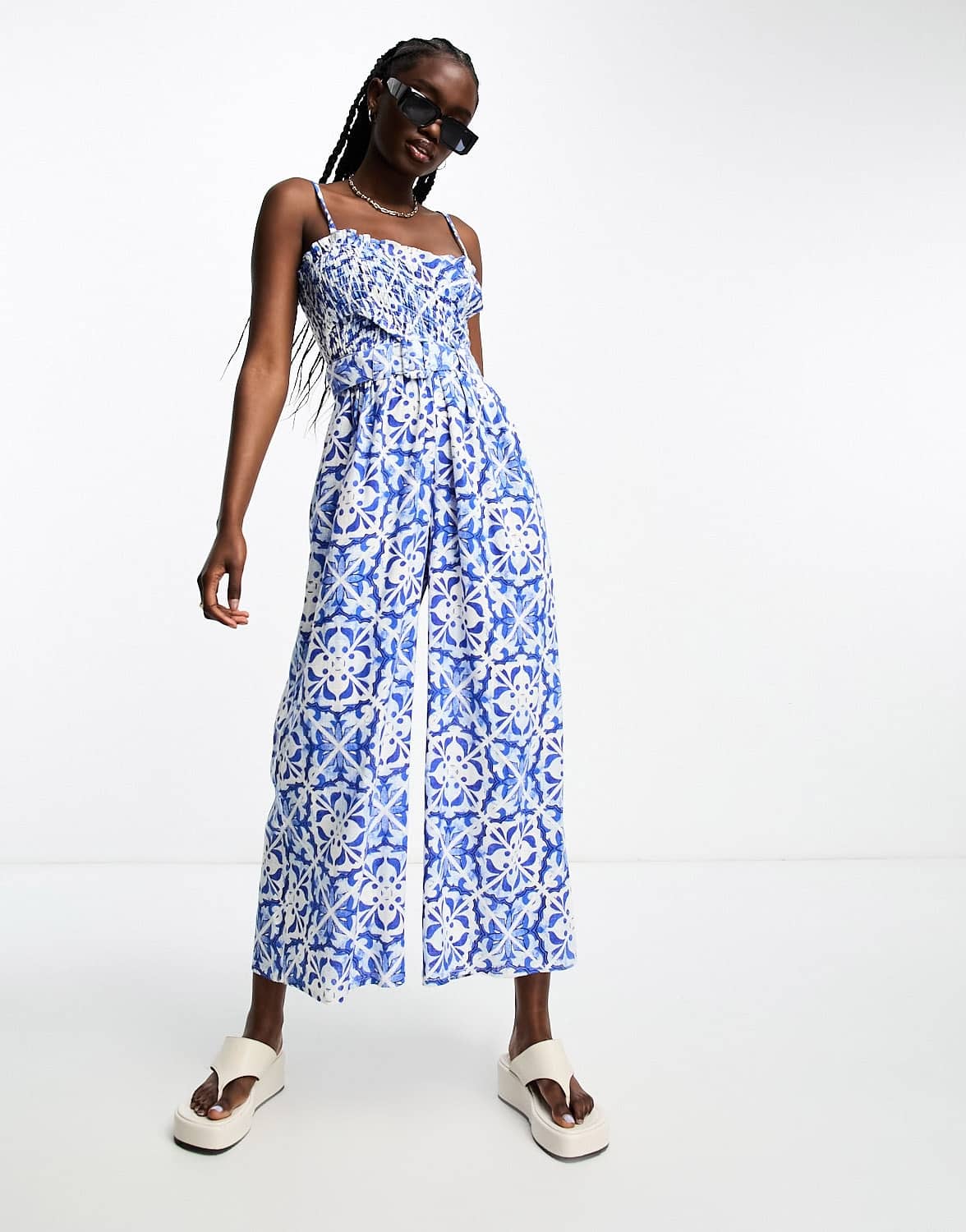ASOS DESIGN linen shirred bodice belt jumpsuit in porcelain print - ASOS Sample Sale