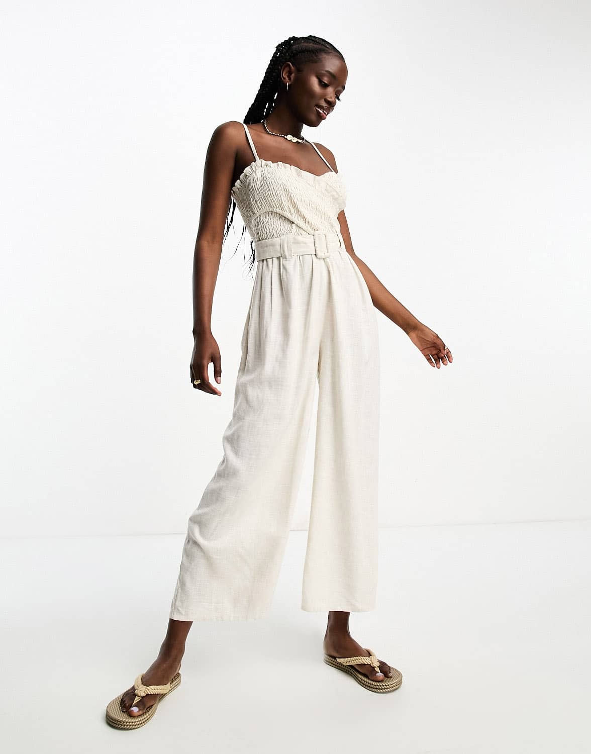 ASOS DESIGN linen shirred bodice belt jumpsuit in stone - ASOS Sample Sale
