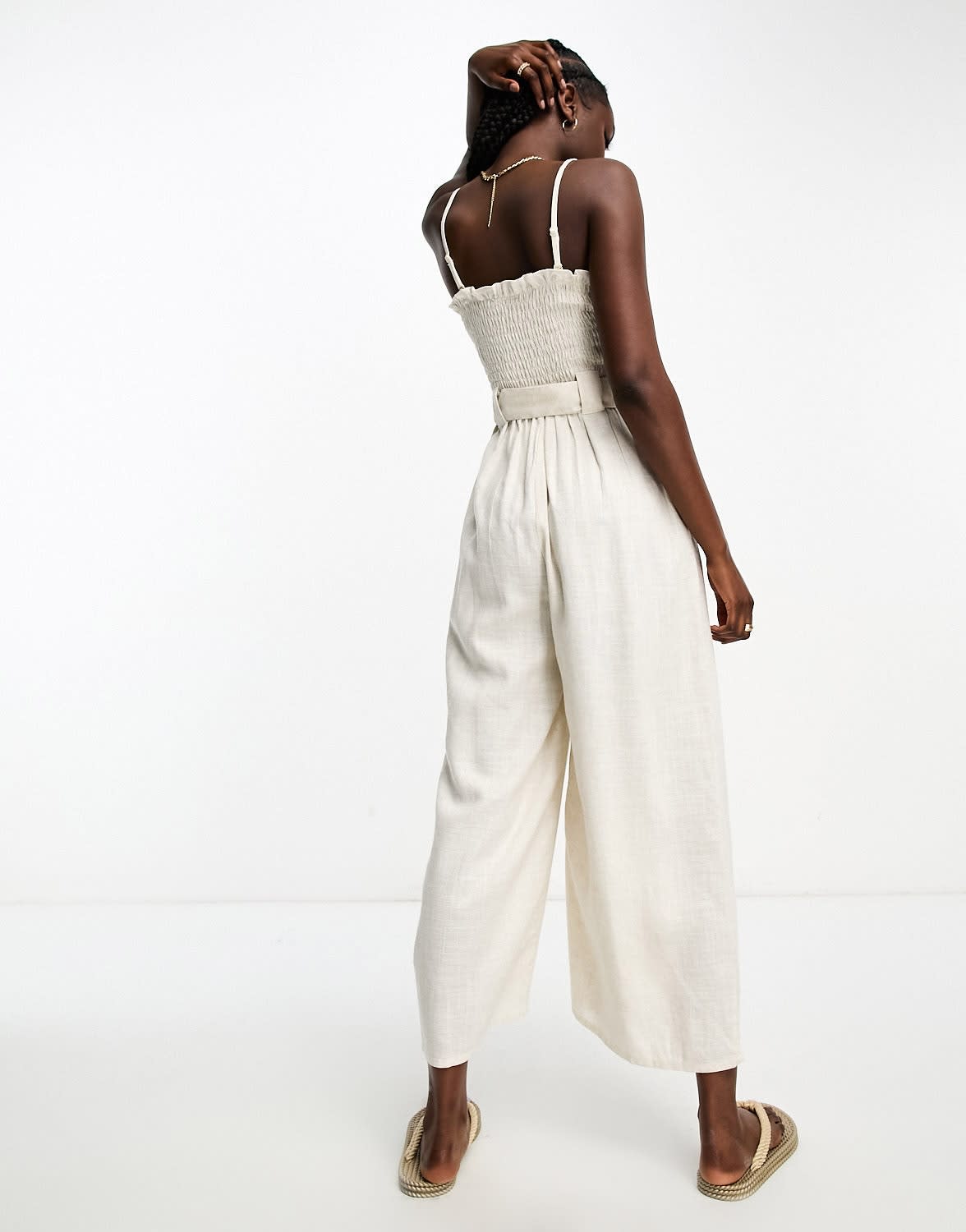 ASOS DESIGN linen shirred bodice belt jumpsuit in stone - ASOS Sample Sale