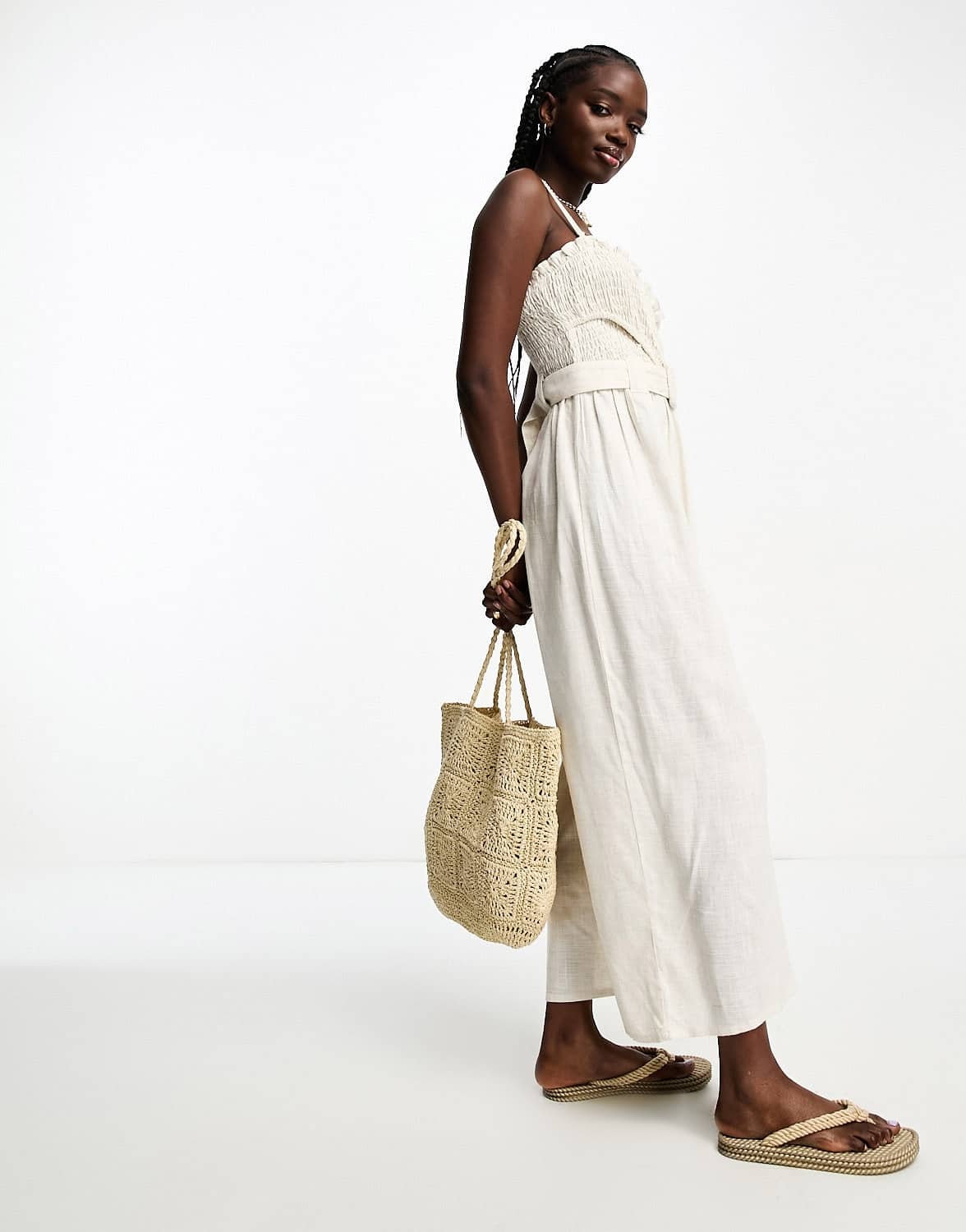 ASOS DESIGN linen shirred bodice belt jumpsuit in stone - ASOS Sample Sale