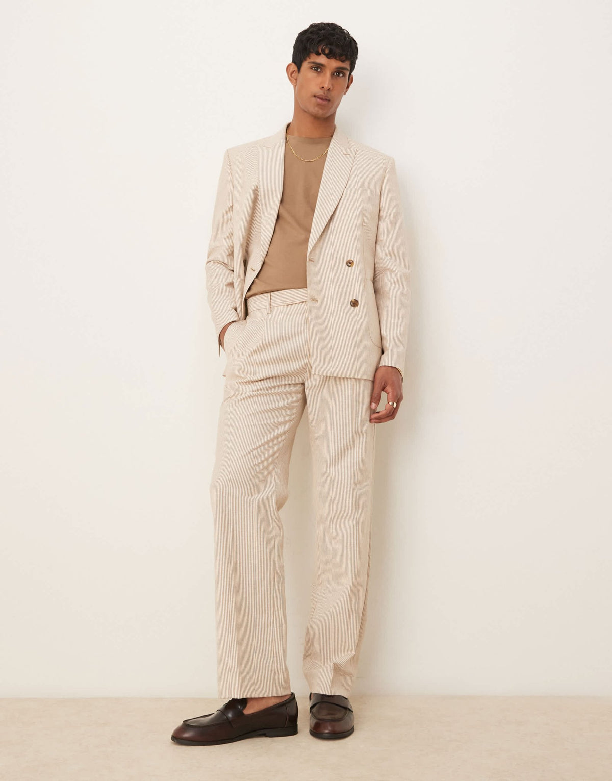 ASOS DESIGN linen straight leg suit trousers in stone stripe - ASOS Sample Sale