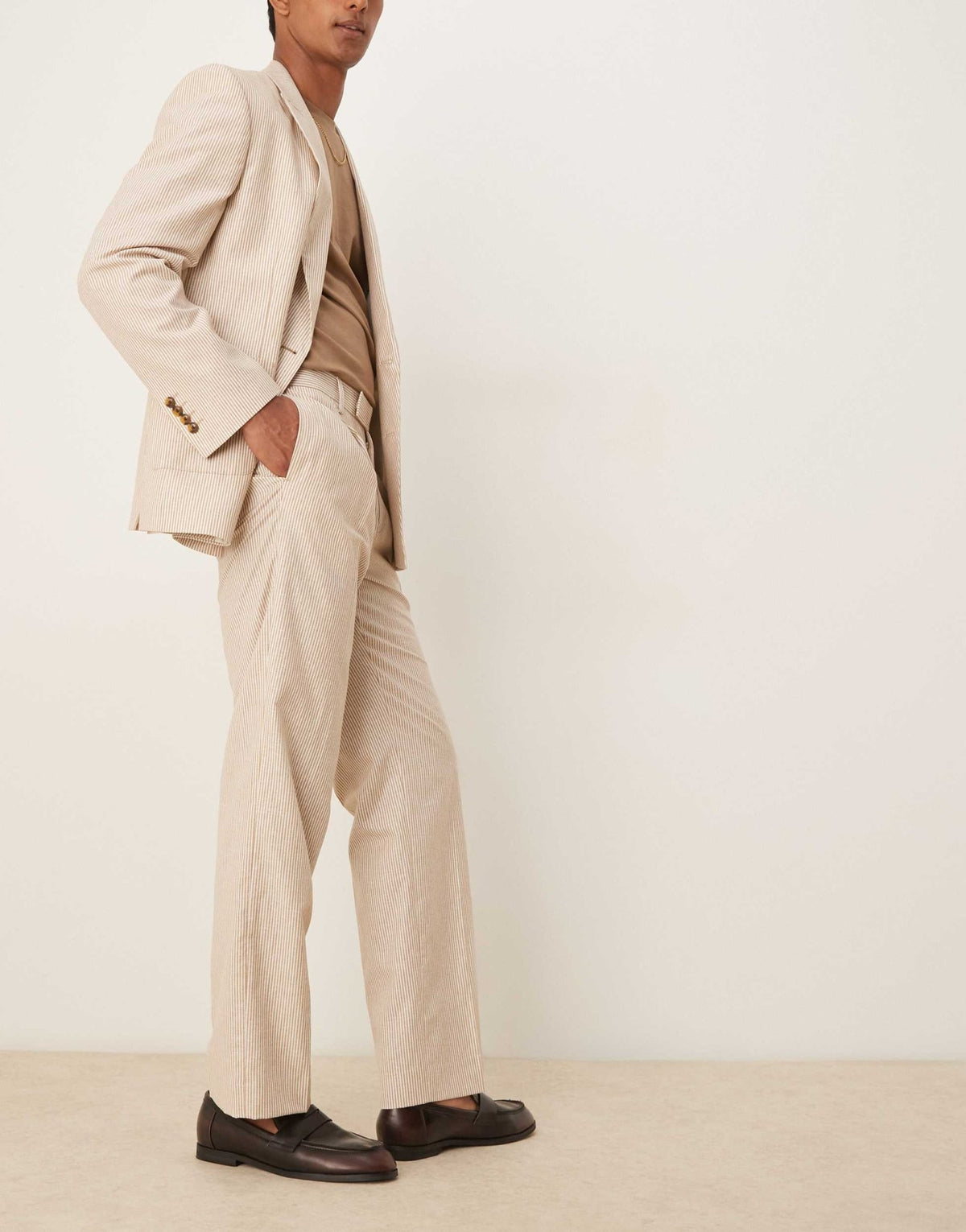 ASOS DESIGN linen straight leg suit trousers in stone stripe - ASOS Sample Sale