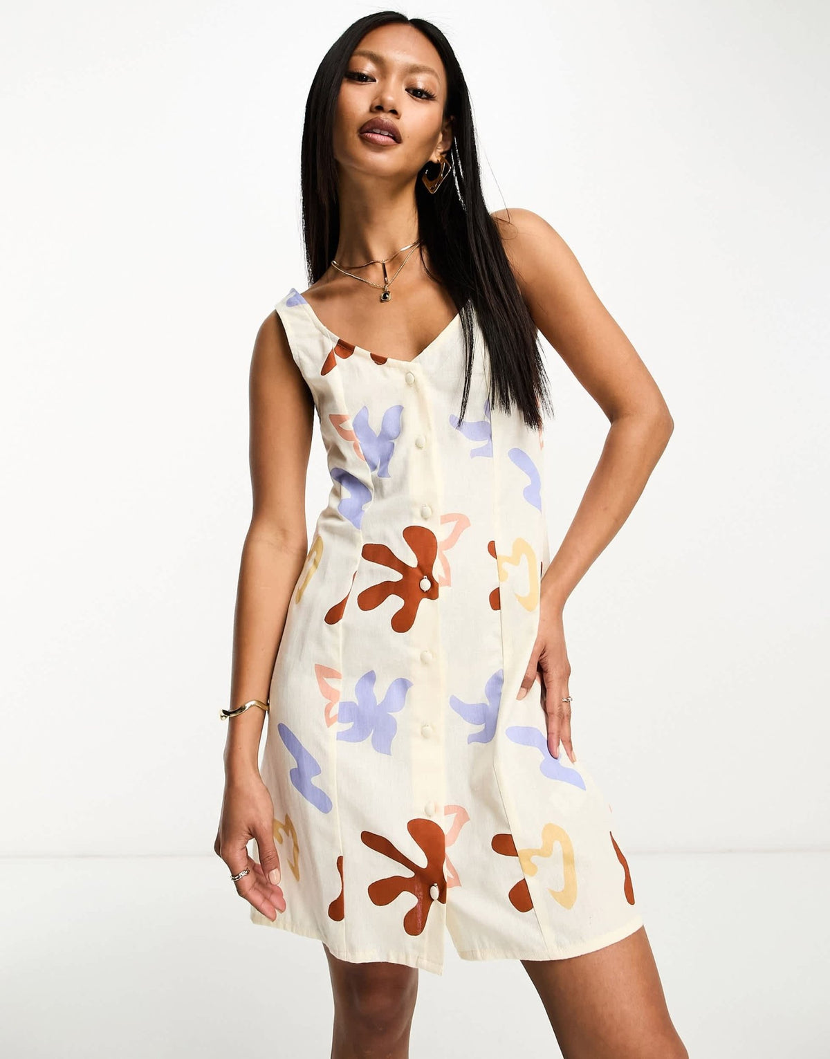ASOS DESIGN linen sweetheart mini dress with button detail in abstract print - ASOS Sample Sale