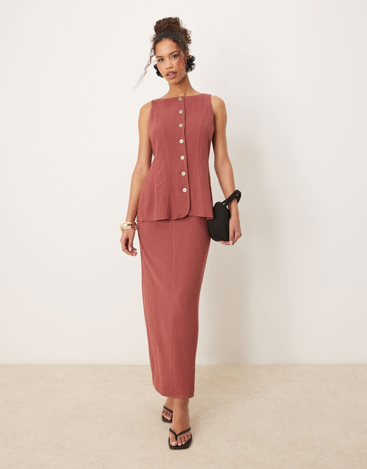 ASOS DESIGN linen waistcoat detail midi dress in apple butter - ASOS Sample Sale