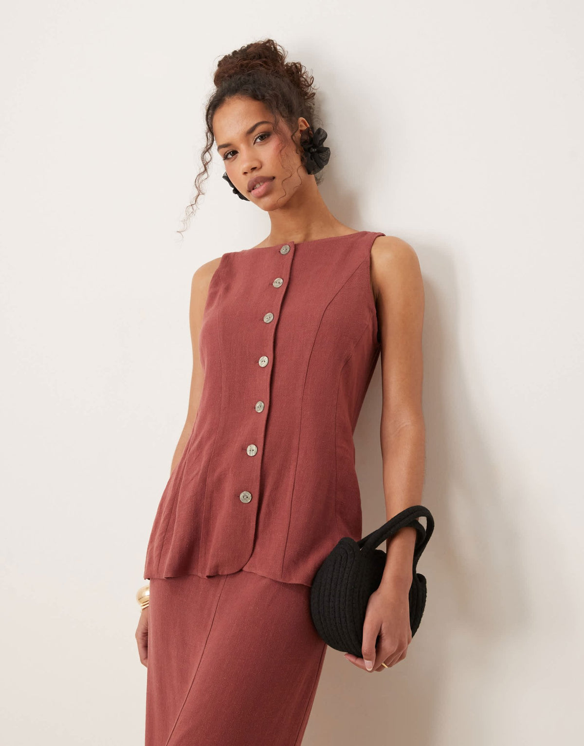 ASOS DESIGN linen waistcoat detail midi dress in apple butter - ASOS Sample Sale