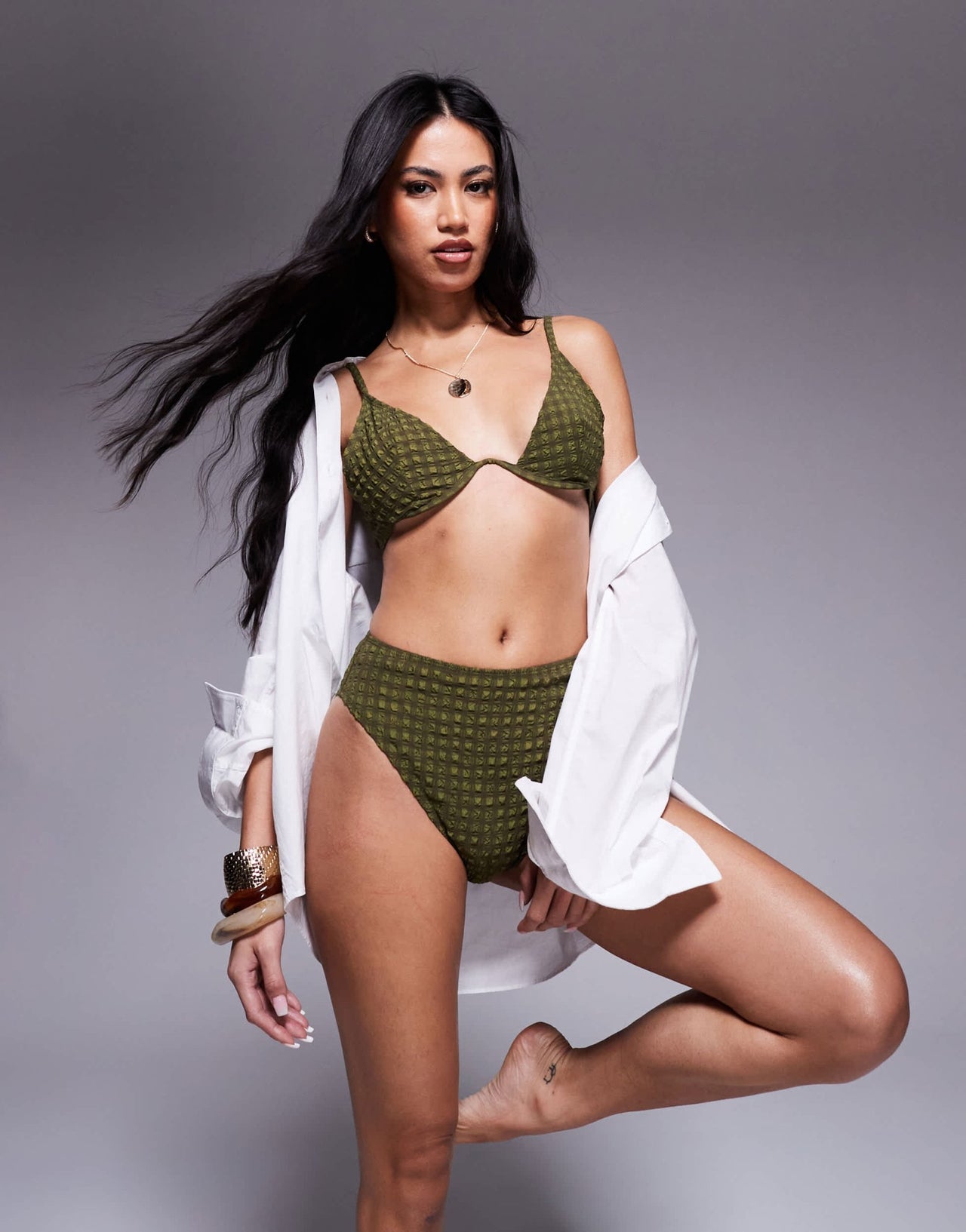 ASOS DESIGN Lizzie seersucker monowire bikini top in khaki - ASOS Sample Sale
