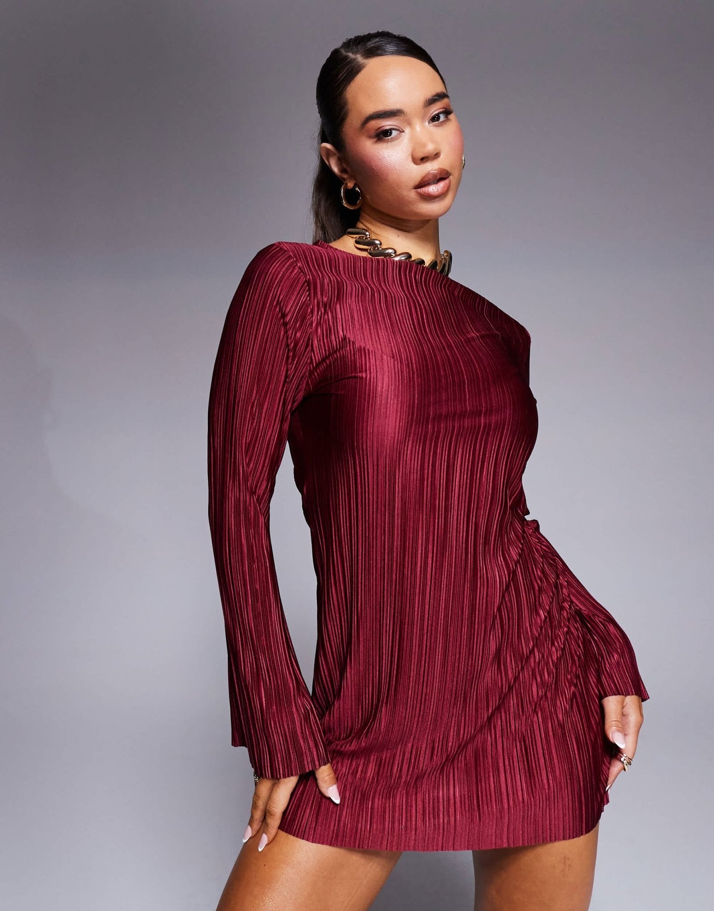 ASOS DESIGN long angel sleeve plisse mini dress in burgundy - ASOS Sample Sale