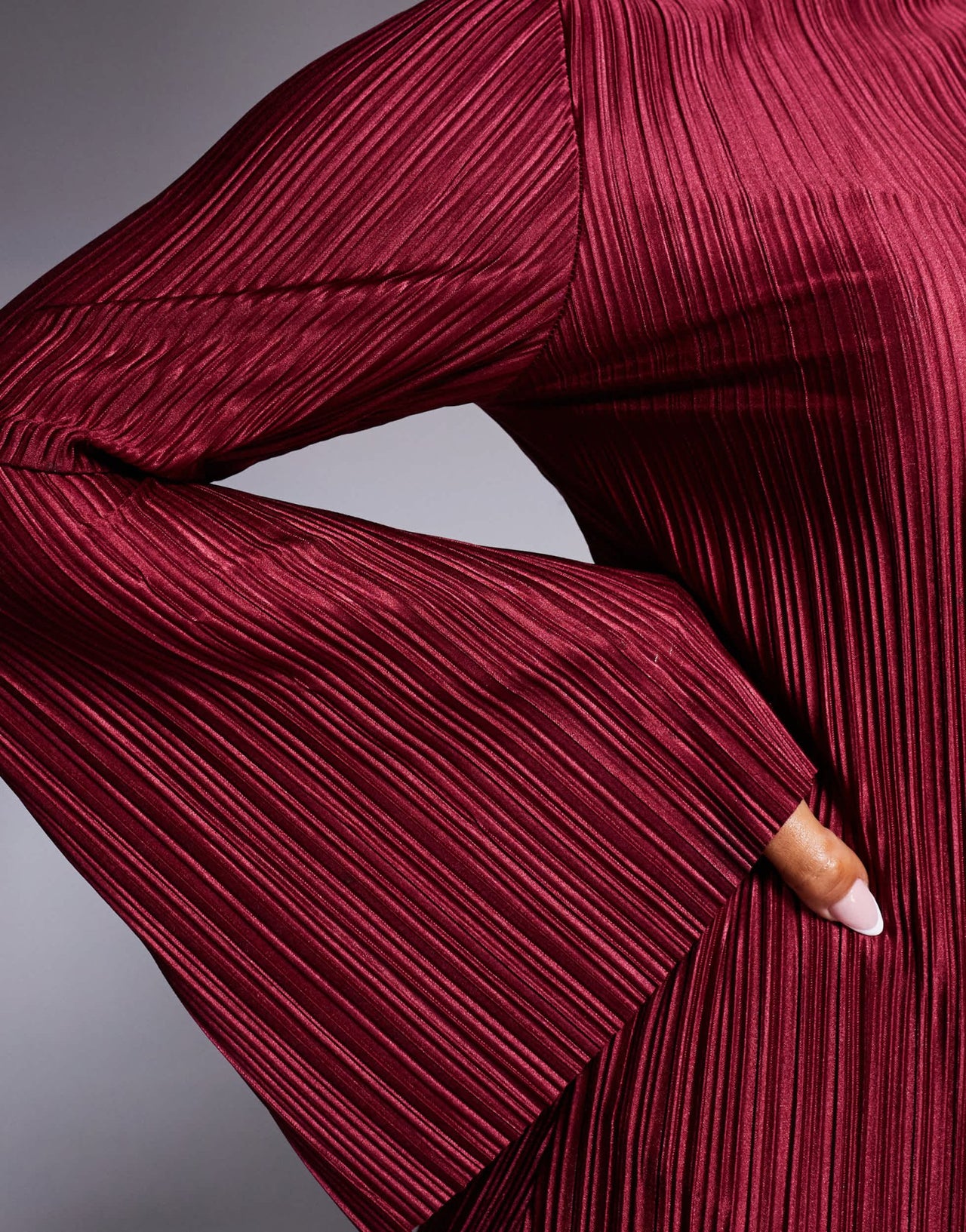 ASOS DESIGN long angel sleeve plisse mini dress in burgundy - ASOS Sample Sale