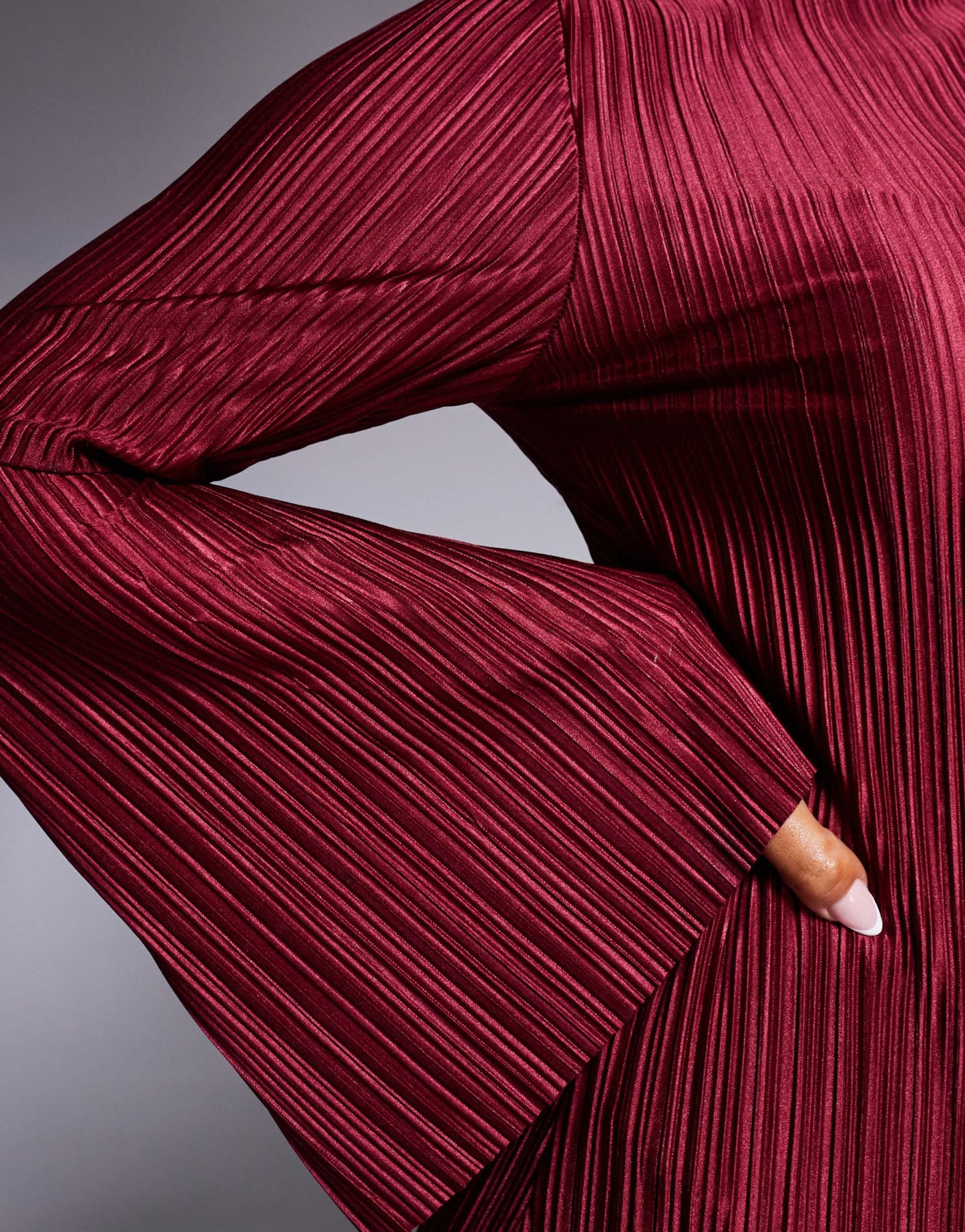 ASOS DESIGN long angel sleeve plisse mini dress in burgundy - ASOS Sample Sale