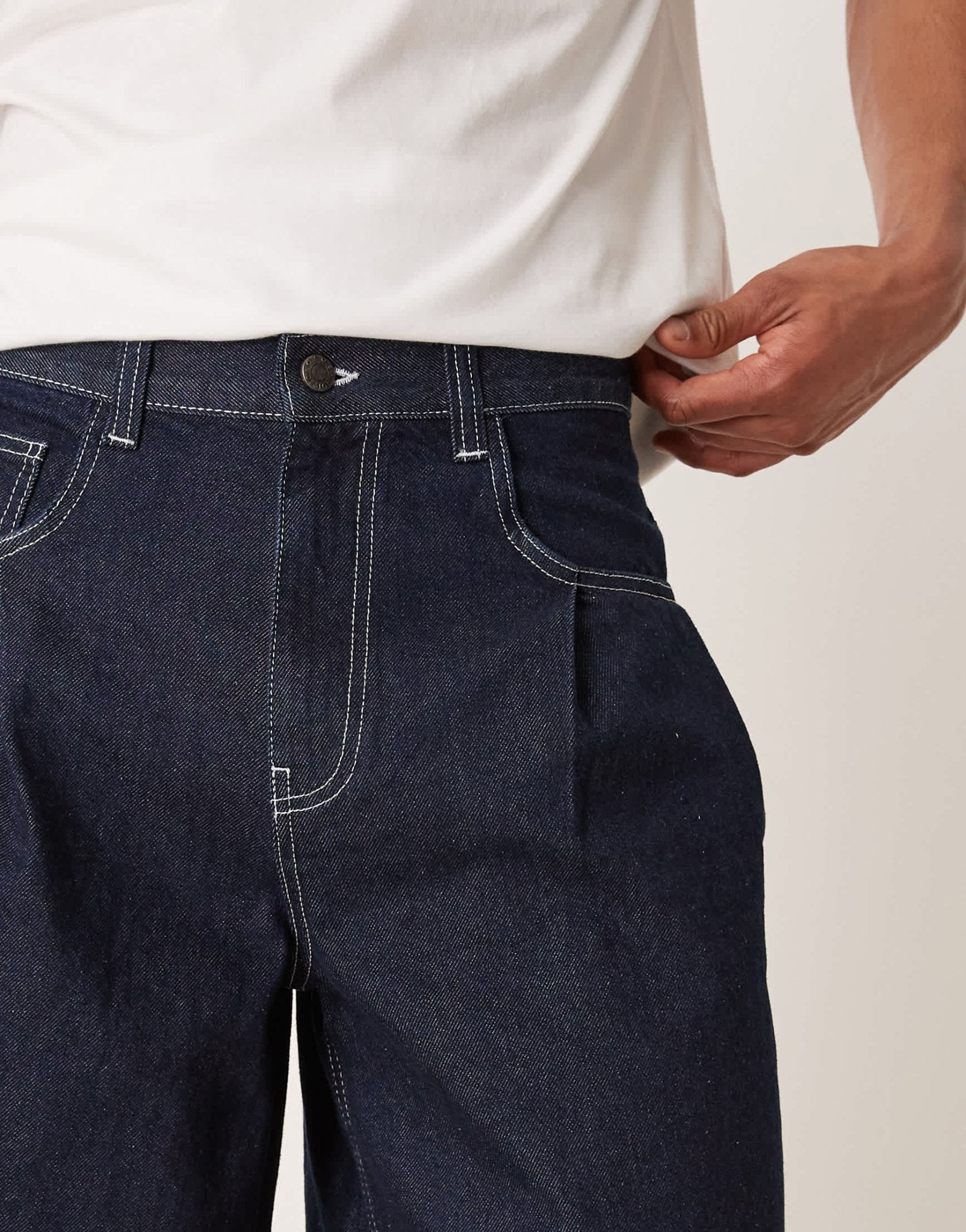 ASOS DESIGN long length denim jorts with pocket pleats in raw wash - ASOS Sample Sale