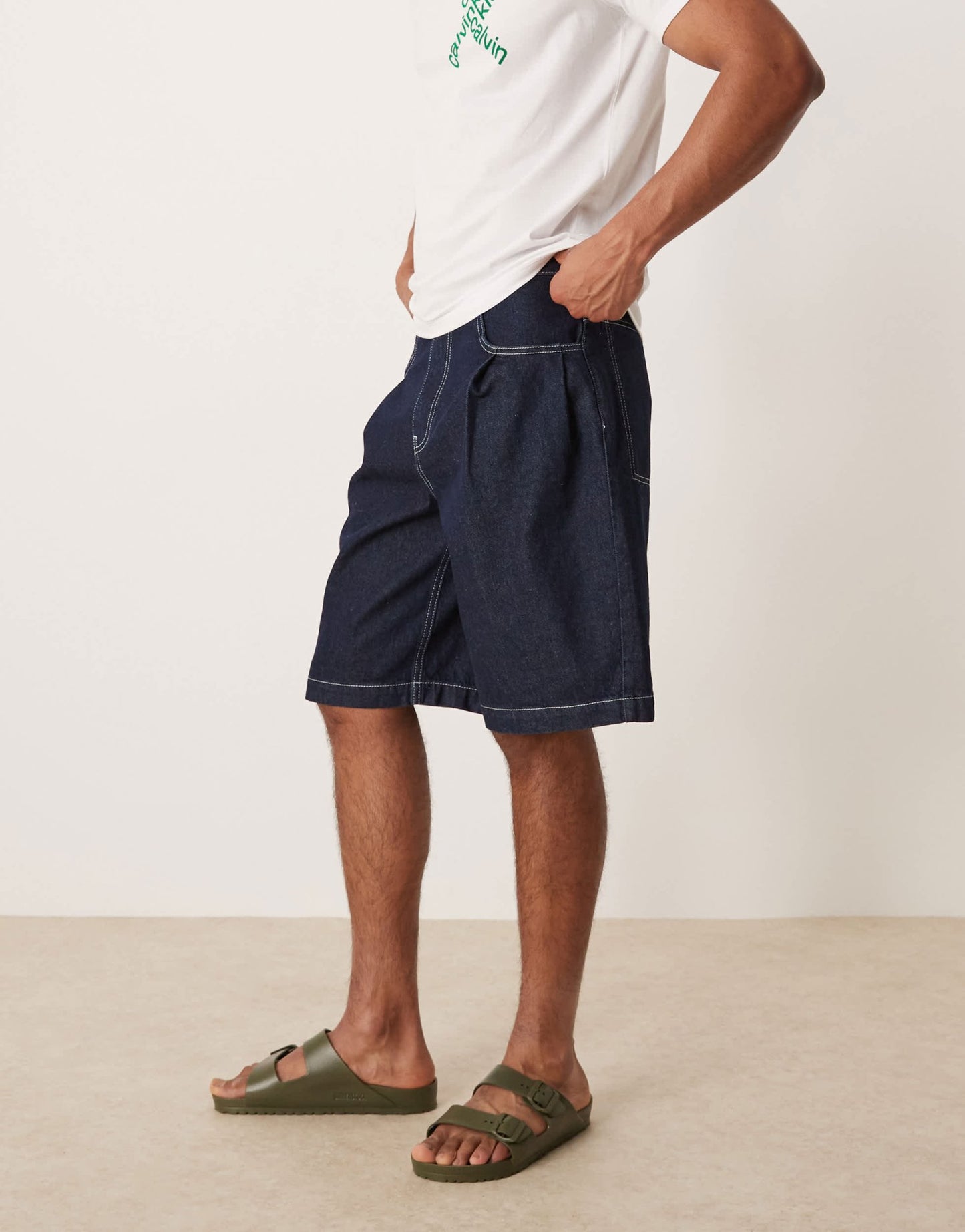 ASOS DESIGN long length denim jorts with pocket pleats in raw wash - ASOS Sample Sale