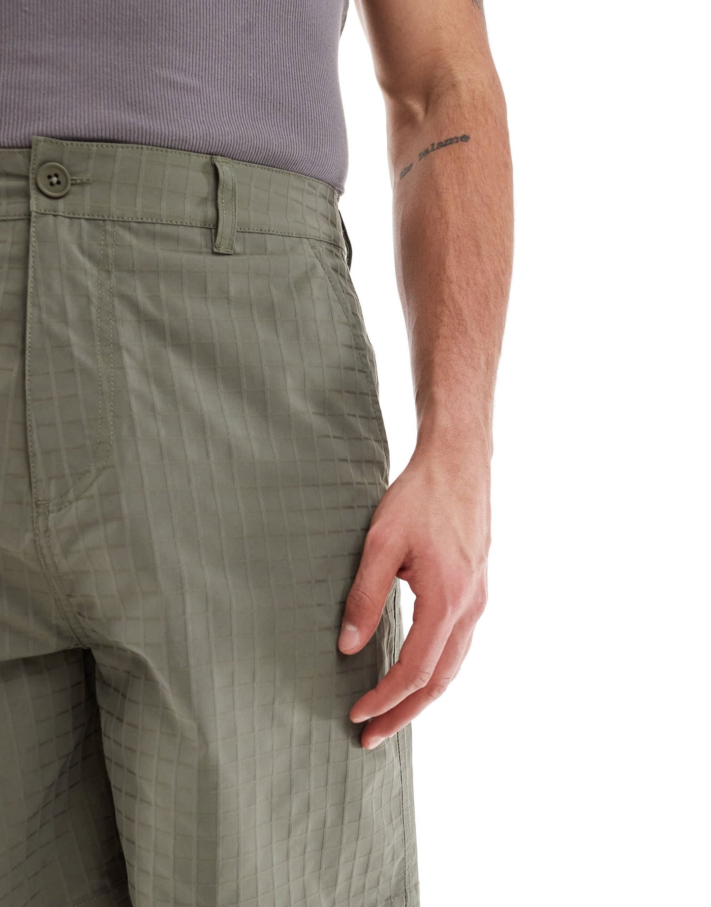 ASOS DESIGN long length textured shorts with workwear patch in green - ASOS Sample Sale