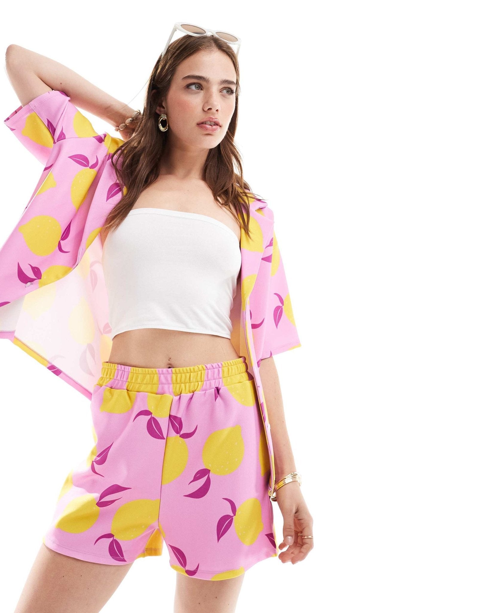 ASOS DESIGN long line short co - ord in pink lemon print - ASOS Sample Sale