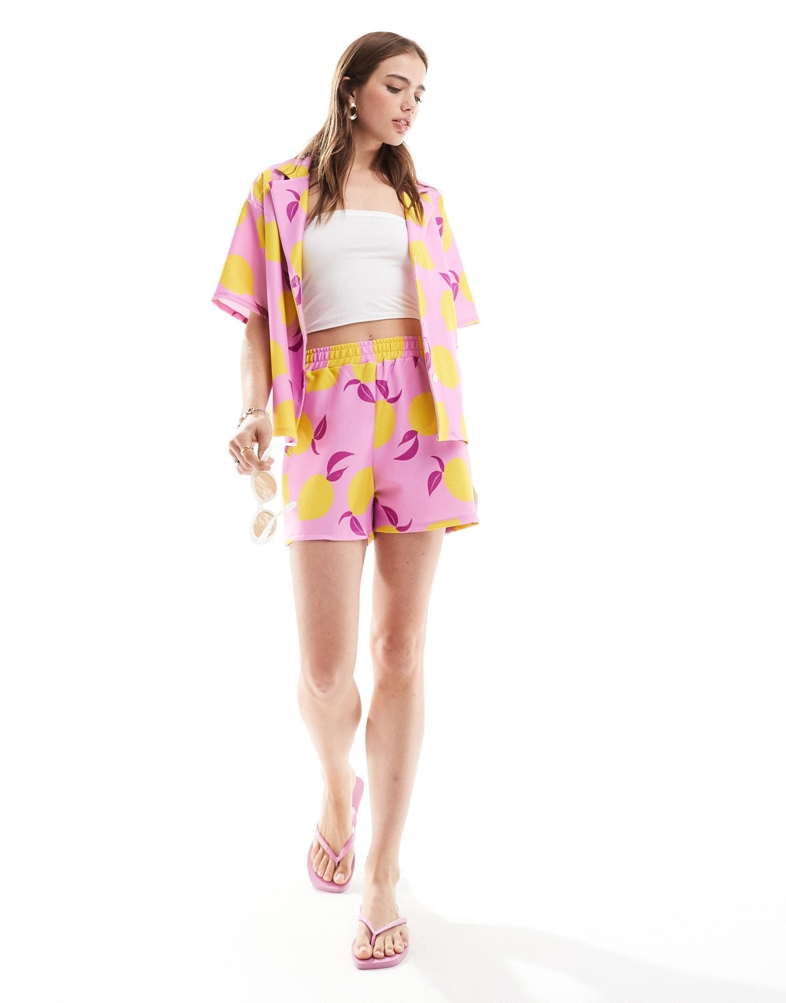 ASOS DESIGN long line short co - ord in pink lemon print - ASOS Sample Sale