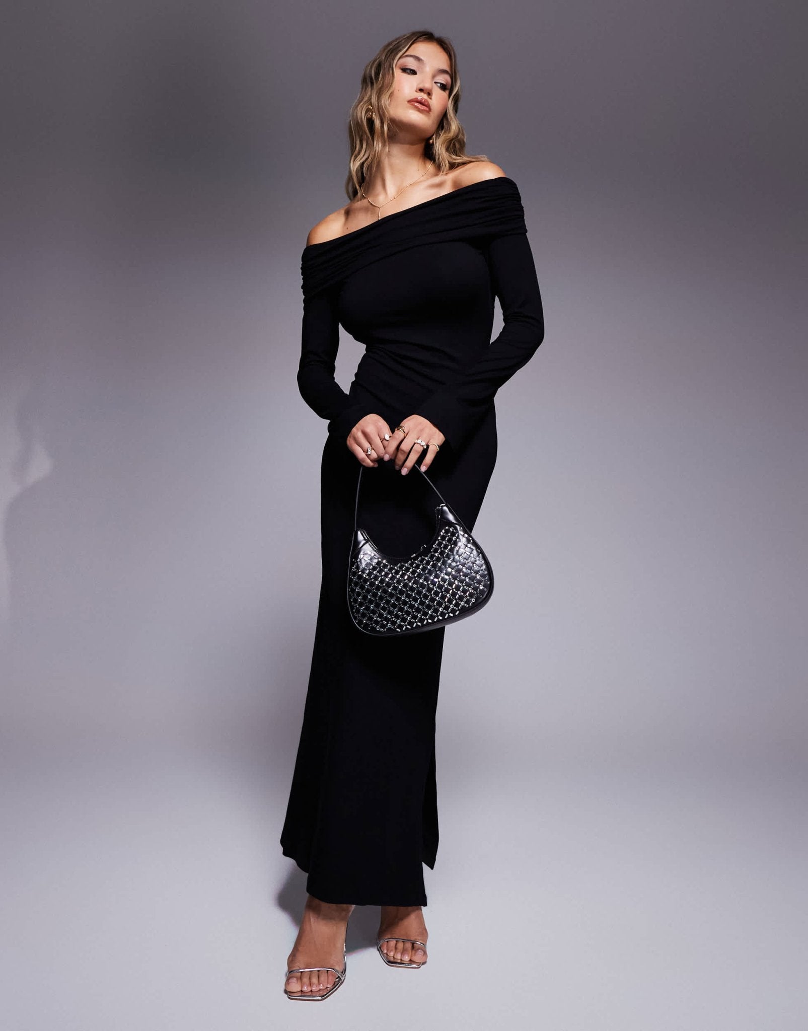 ASOS DESIGN long sleeve bardot twist cut out back midi dress in black ASOS Sample Sale ASOS DESIGN long sleeve bardot twist cut out back midi dress in black ASOS Sample Sale