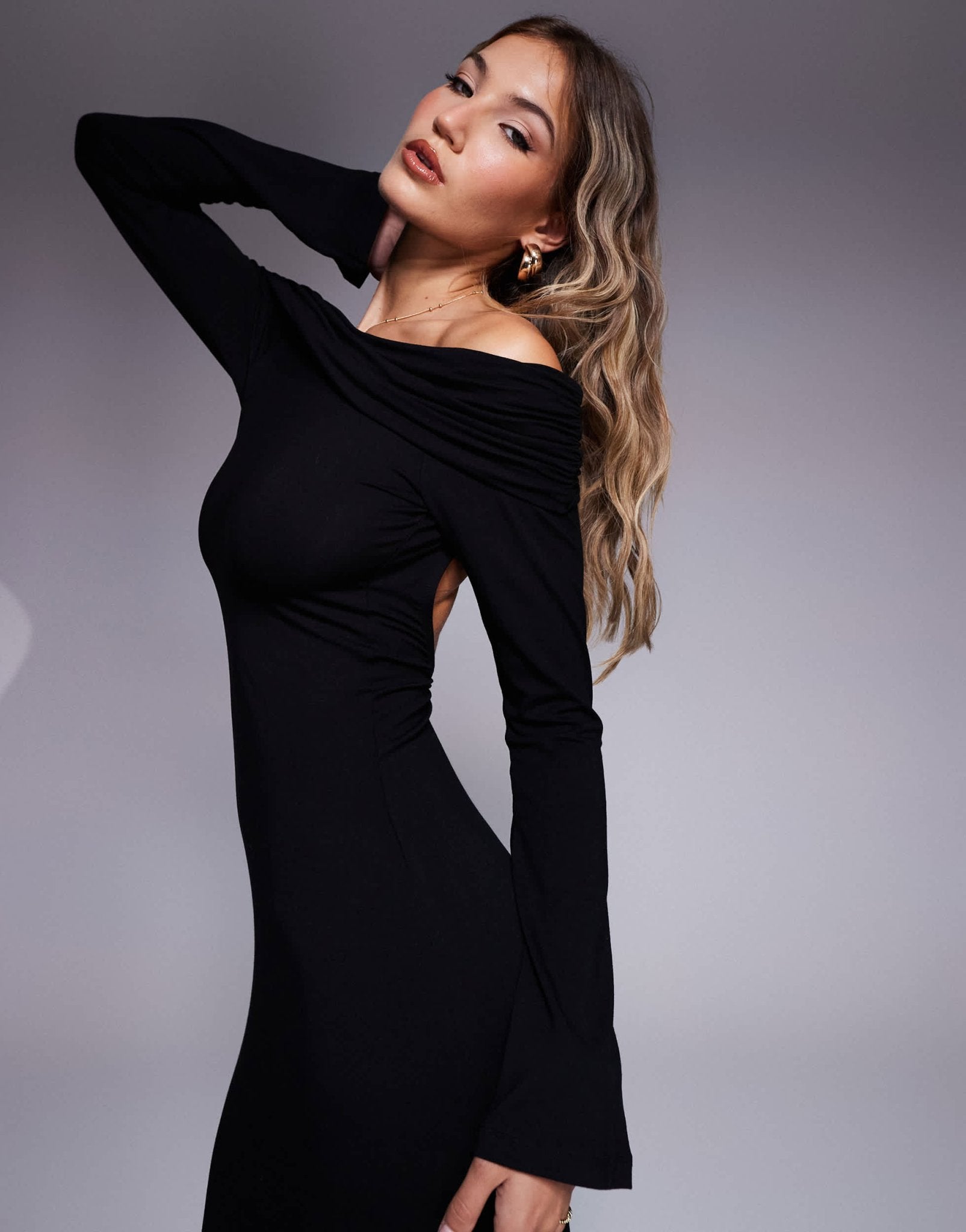 ASOS DESIGN long sleeve bardot twist cut out back midi dress in black - ASOS Sample Sale