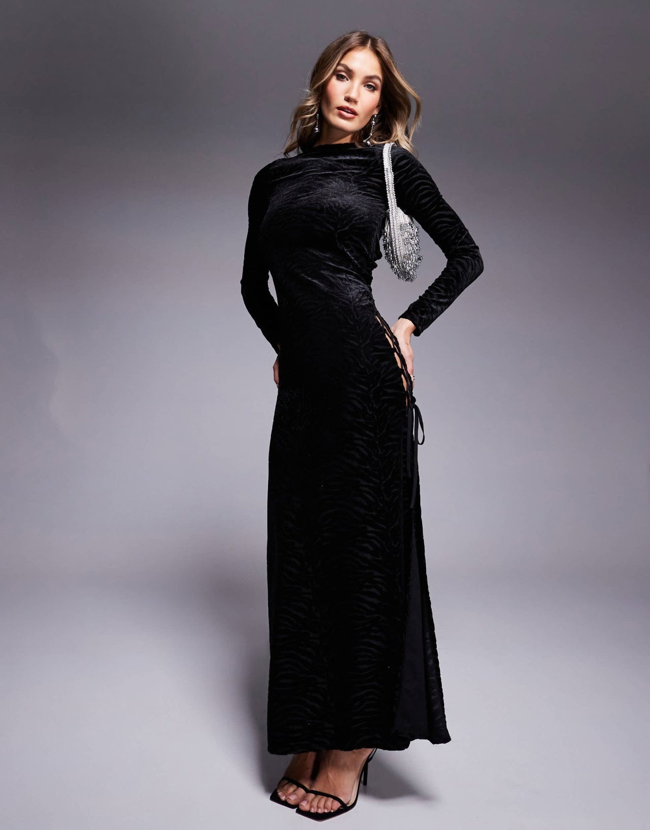 ASOS DESIGN long sleeve burnout maxi dress with extreme lace up side in black - ASOS Sample Sale
