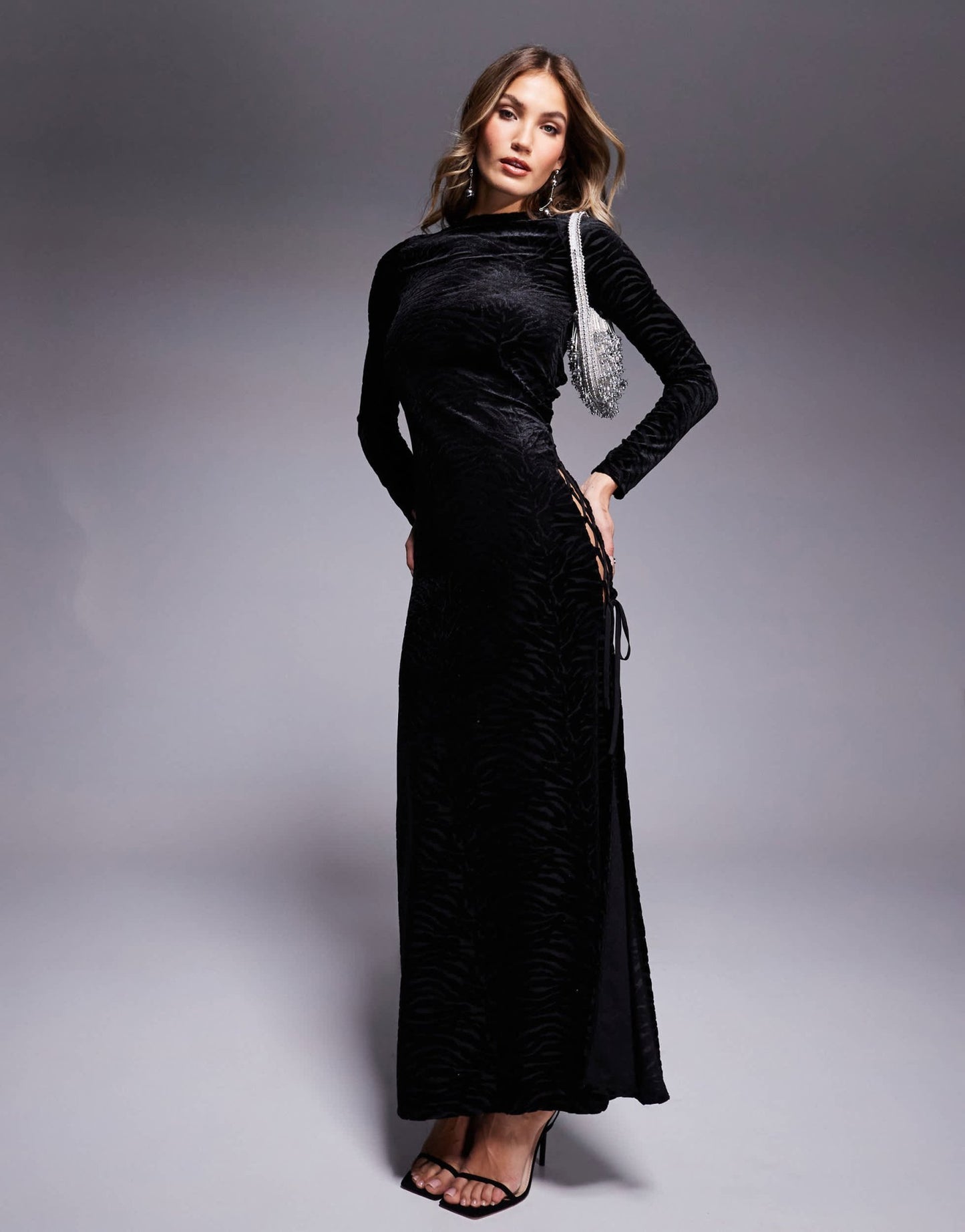 ASOS DESIGN long sleeve burnout maxi dress with extreme lace up side in black - ASOS Sample Sale