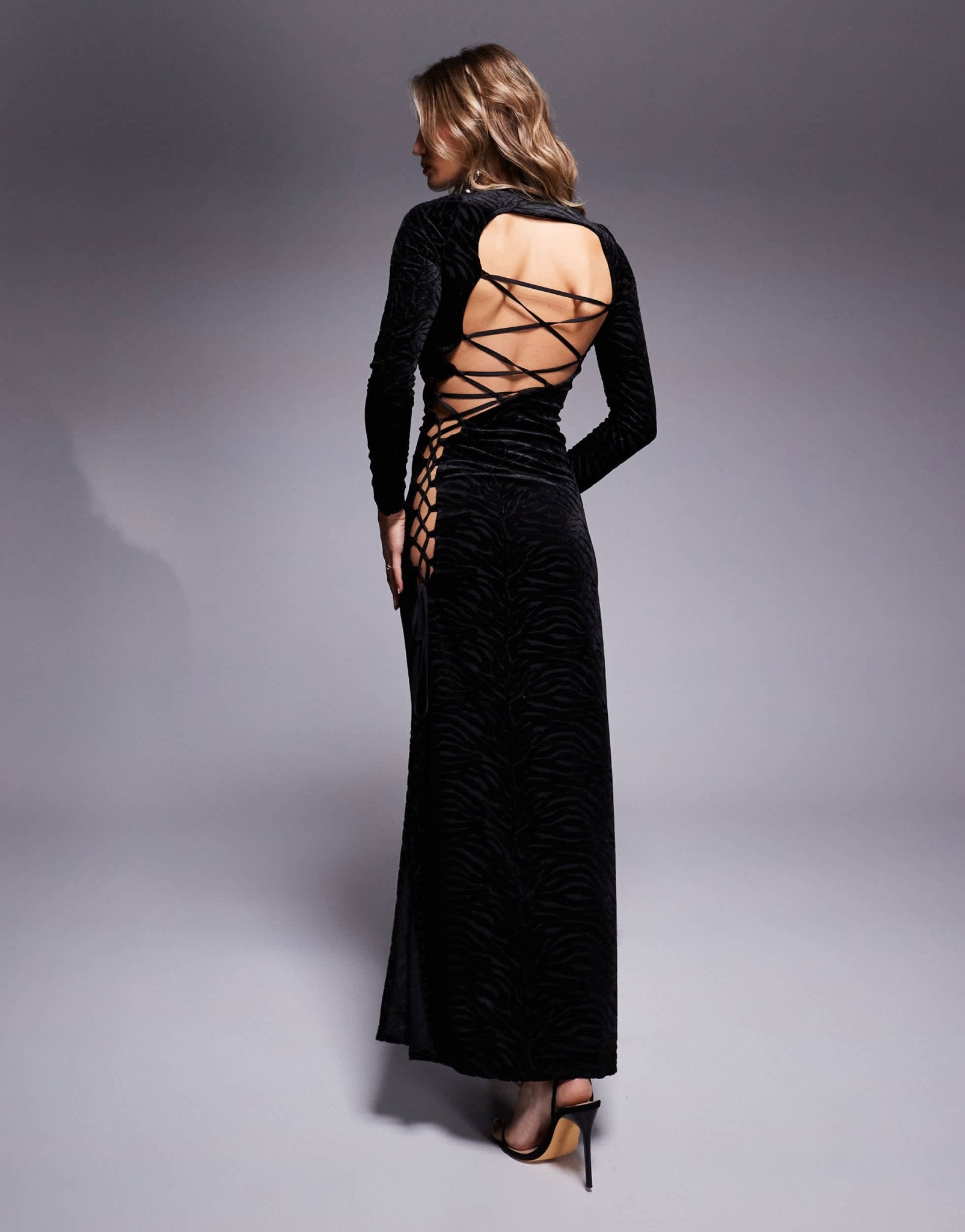 ASOS DESIGN long sleeve burnout maxi dress with extreme lace up side in black - ASOS Sample Sale