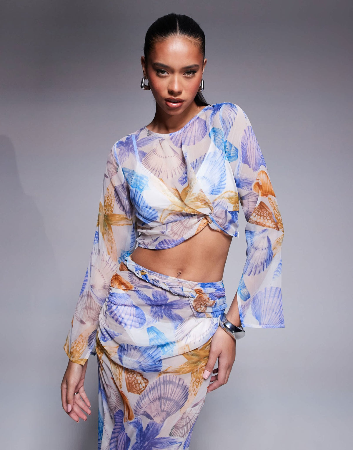 ASOS DESIGN long sleeve chiffon crop top co-ord in shell print - ASOS Sample Sale