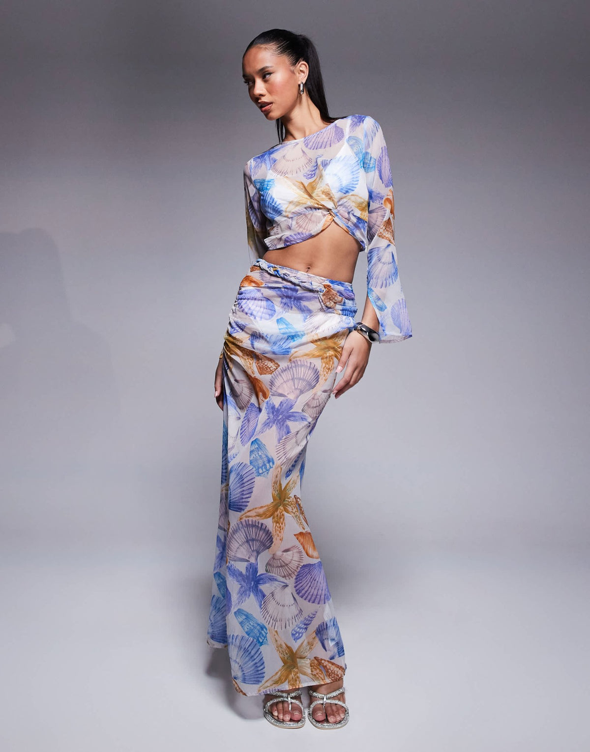 ASOS DESIGN long sleeve chiffon crop top co-ord in shell print - ASOS Sample Sale
