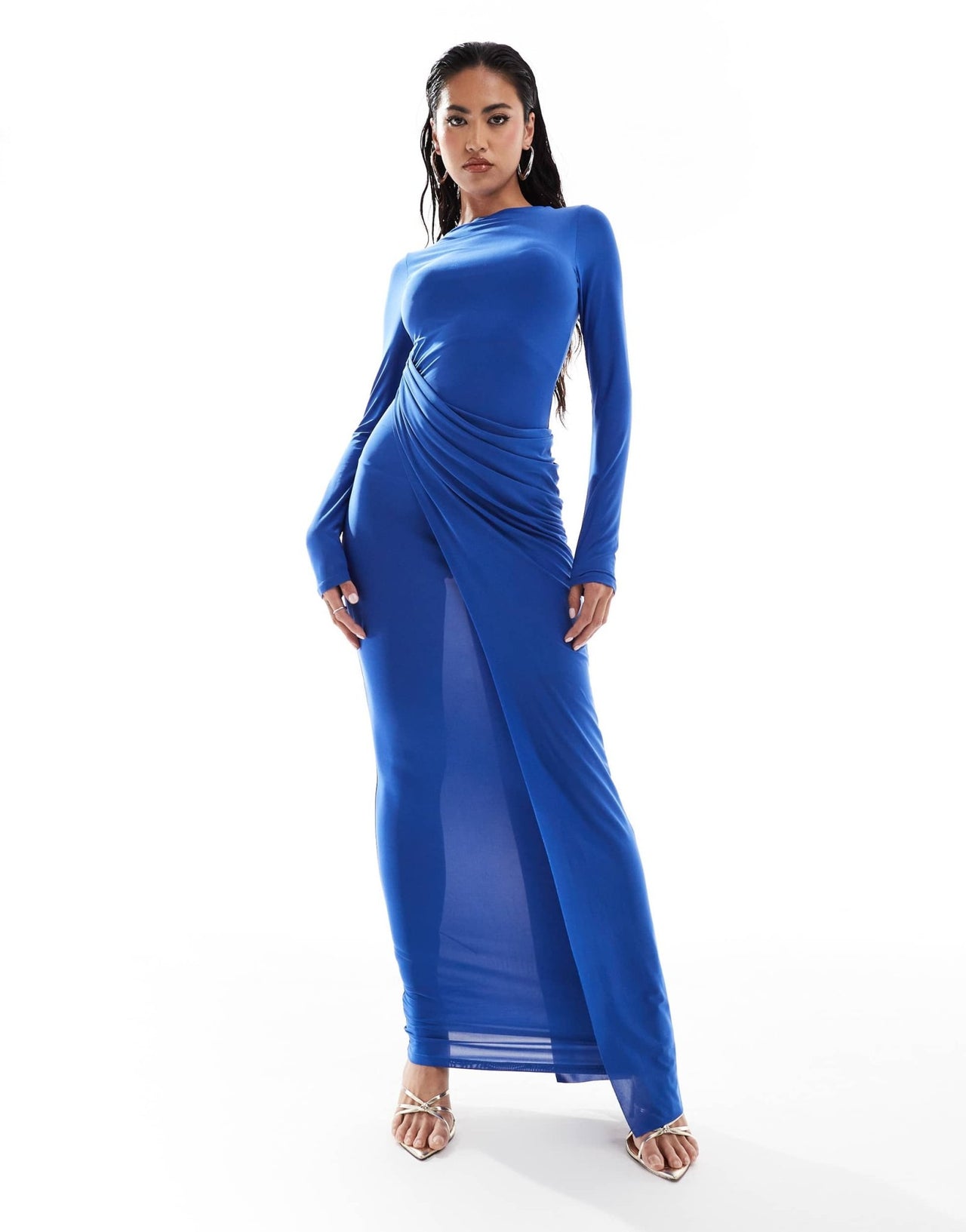 ASOS DESIGN long sleeve drape detail maxi dress in blue - ASOS Sample Sale