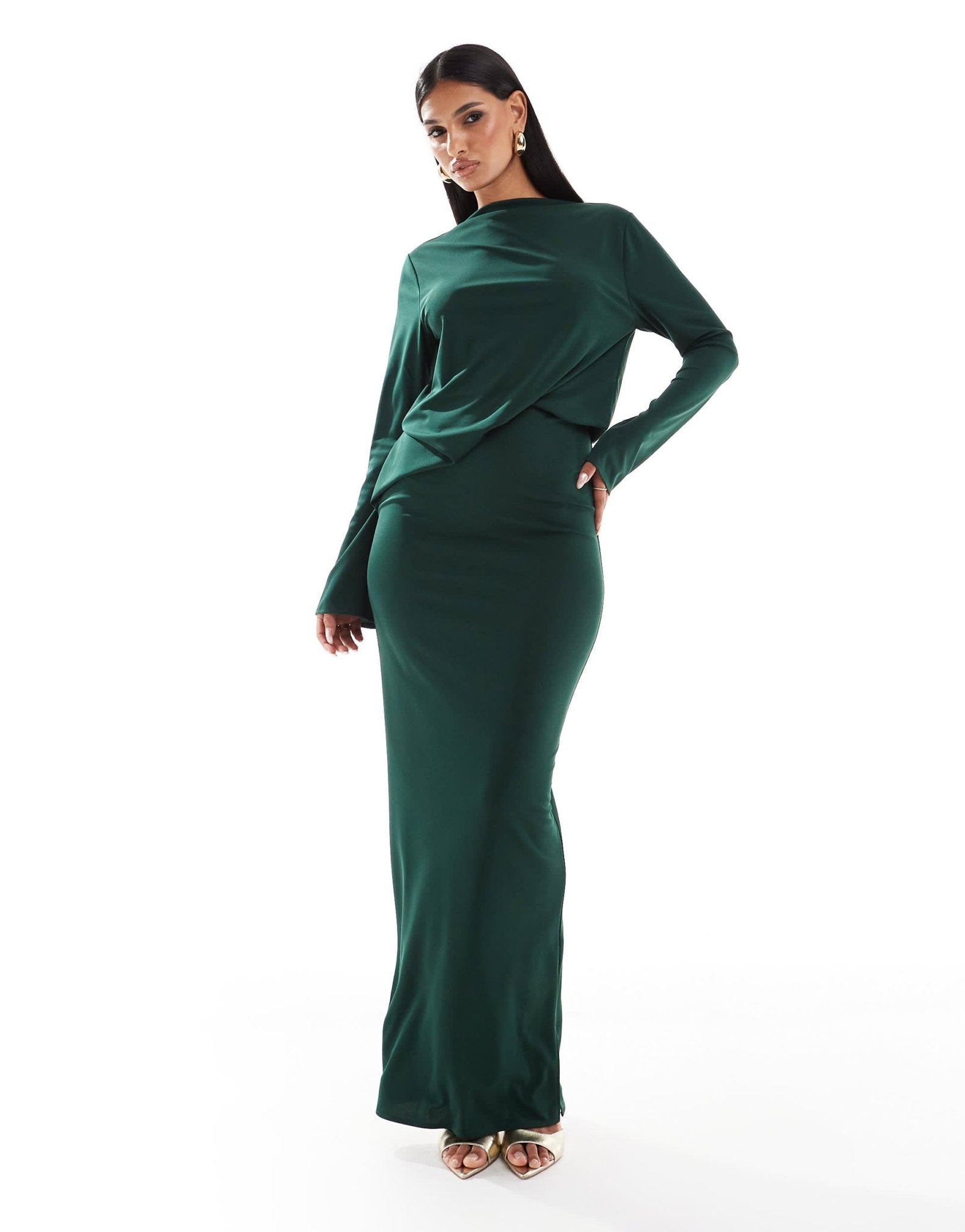 ASOS DESIGN long sleeve drape detail maxi dress in forest green - ASOS Sample Sale