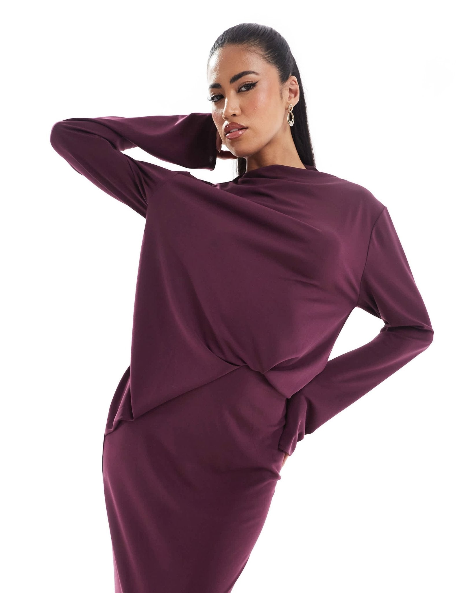 ASOS DESIGN long sleeve drape detail maxi dress in plum - ASOS Sample Sale