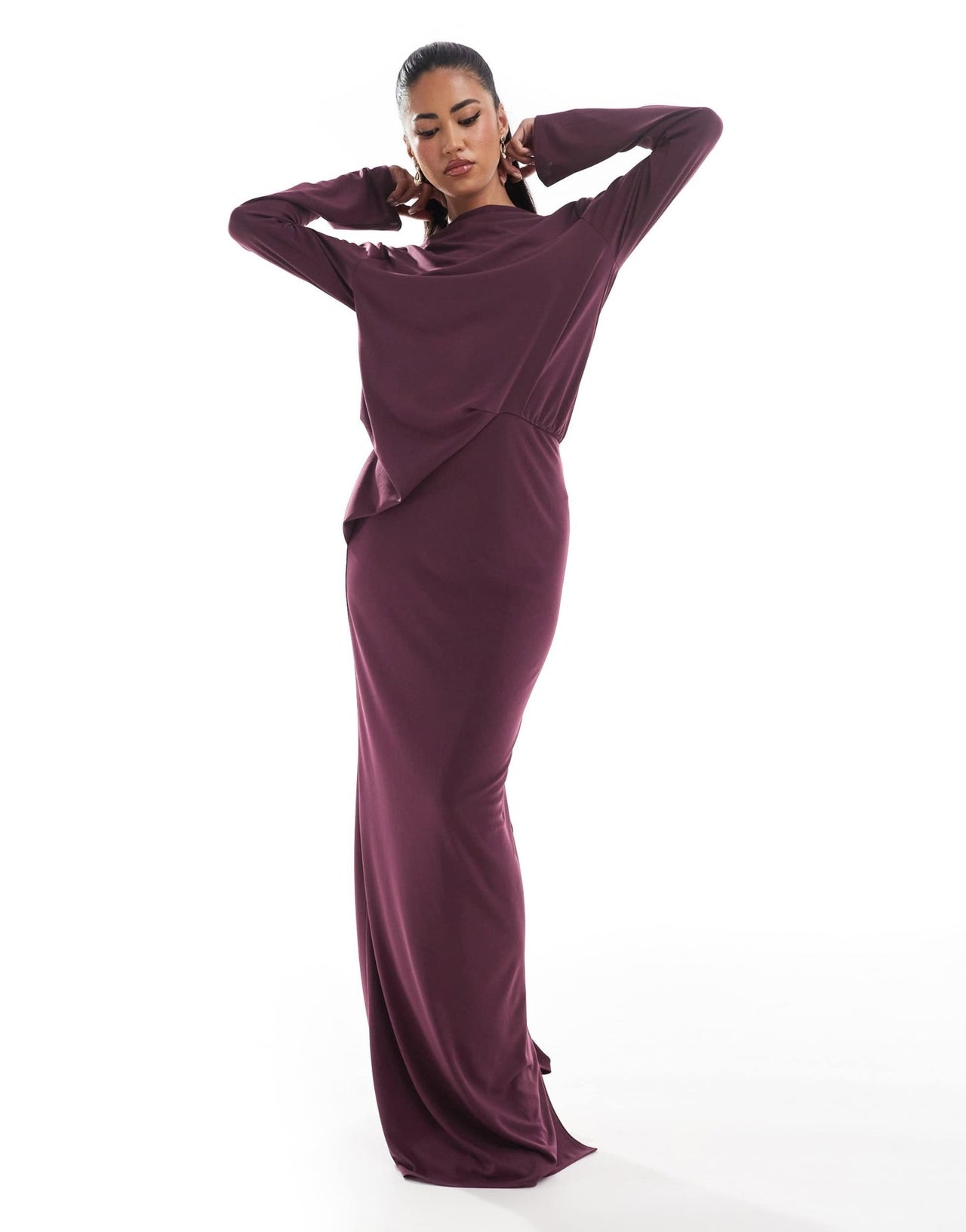 ASOS DESIGN long sleeve drape detail maxi dress in plum - ASOS Sample Sale