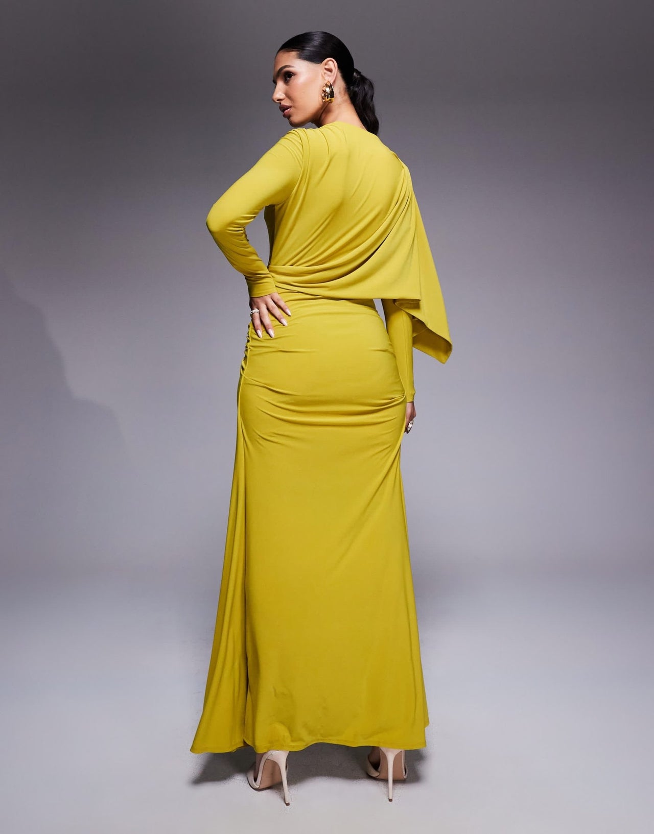 ASOS DESIGN long sleeve drape maxi dress with hitched skirt and trim in lime - ASOS Sample Sale